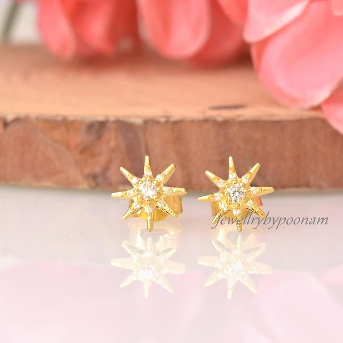 925 Sterling Silver Moissanite Star Stud Earrings: Dainty Silver Starburst - Jewelry By Poonam | SKU: PJE2024-SLYGCZ-10M 2/20