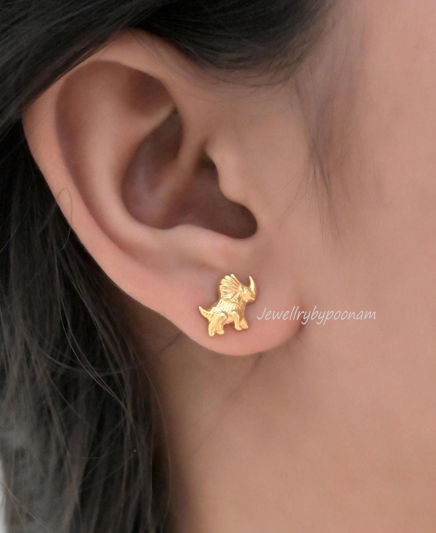 Gold Plated 925 Silver Triceratops Stud Earrings - View 2 - Jewelry By Poonam | SKU: PJE1705-SLYG-10M 2/2026