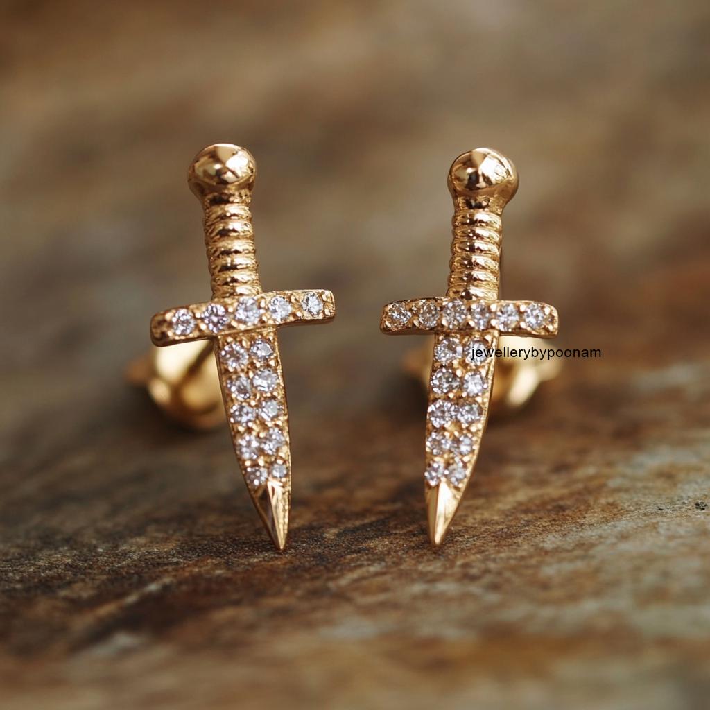 925 Sterling Silver Moissanite Dagger Stud Earrings — Dainty Tiny CZ Dagger - Jewelry By Poonam | SKU: PJE1982-