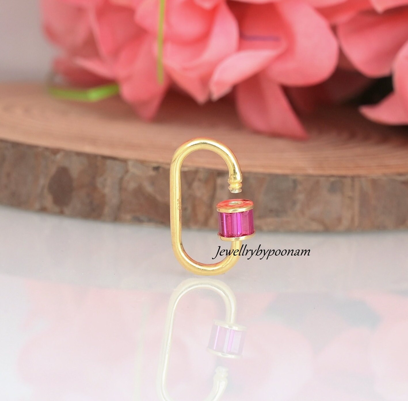 925 Sterling Silver Carabiner Lock with Baguette Sapphire Stones | Pave Carabiner Clasp | Charm Connector - View 3 - Jewelry