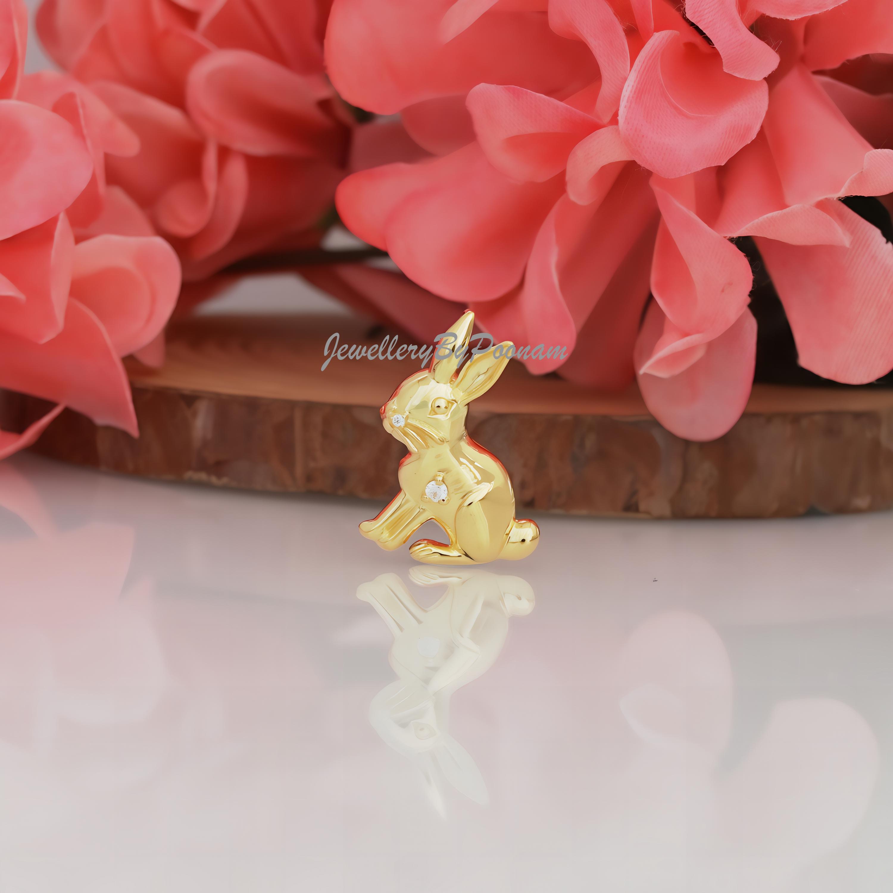 14k Gold Plated Sterling Silver Bunny Pendant: Moissanite Rabbit Charm - Jewelry By Poonam | SKU: PJP3489-SLYGCZ-25M 2/26