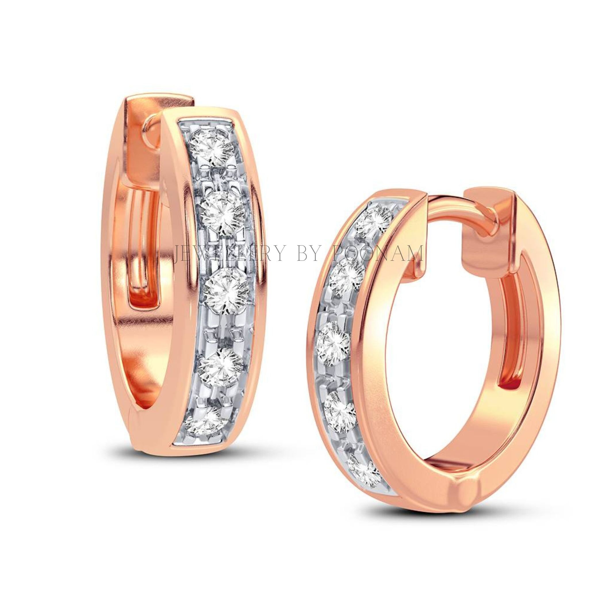 9k/14k & 925 Sterling Silver Moissanite/CZ Rose Gold Huggie Hoop Earrings - View 2 - Jewelry By Poonam | SKU: E-126