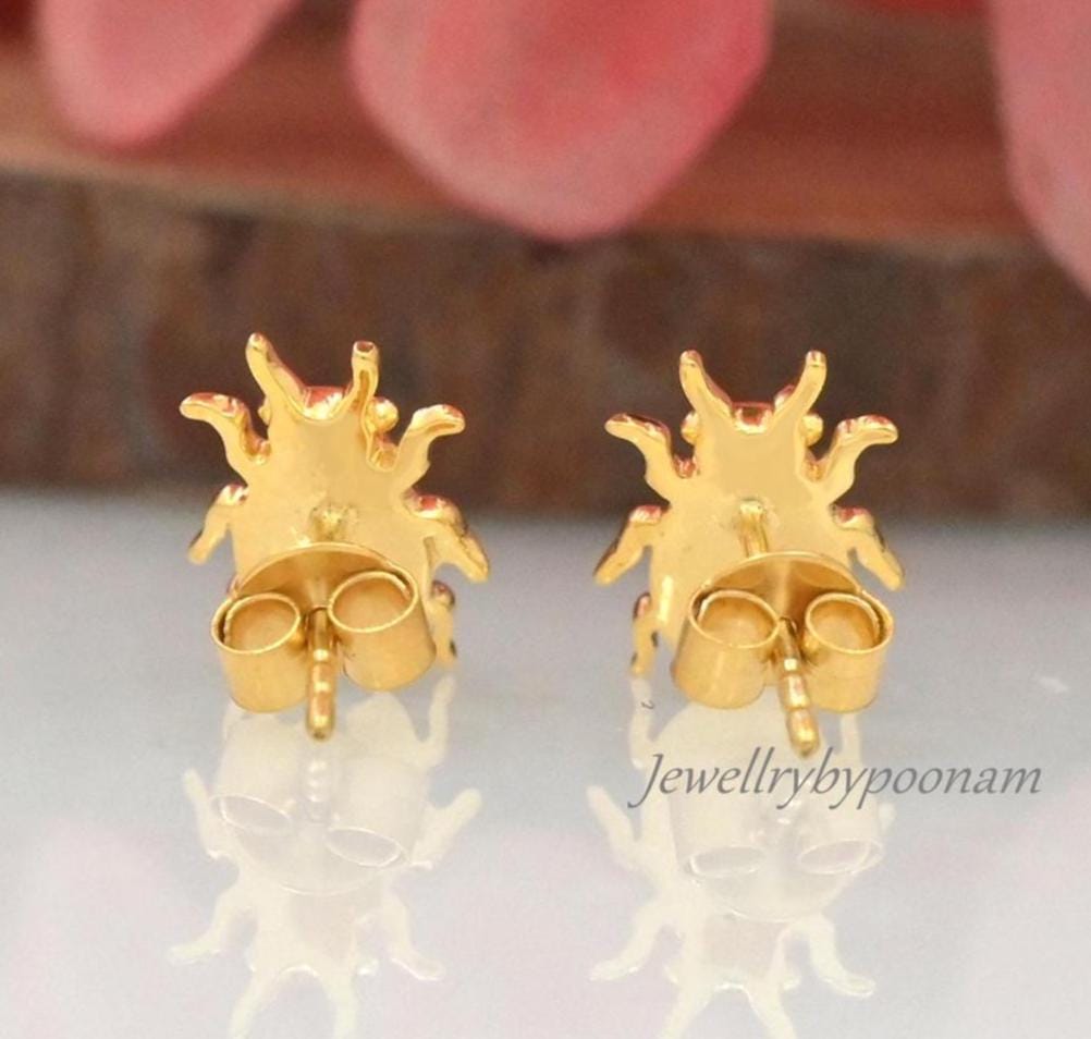 925 Gold Plated Beetle Stud Earrings: Handmade Insect Jewelry (10MM) - View 5 - Jewelry By Poonam | SKU: MJE1777-SLYG-10M 2/2