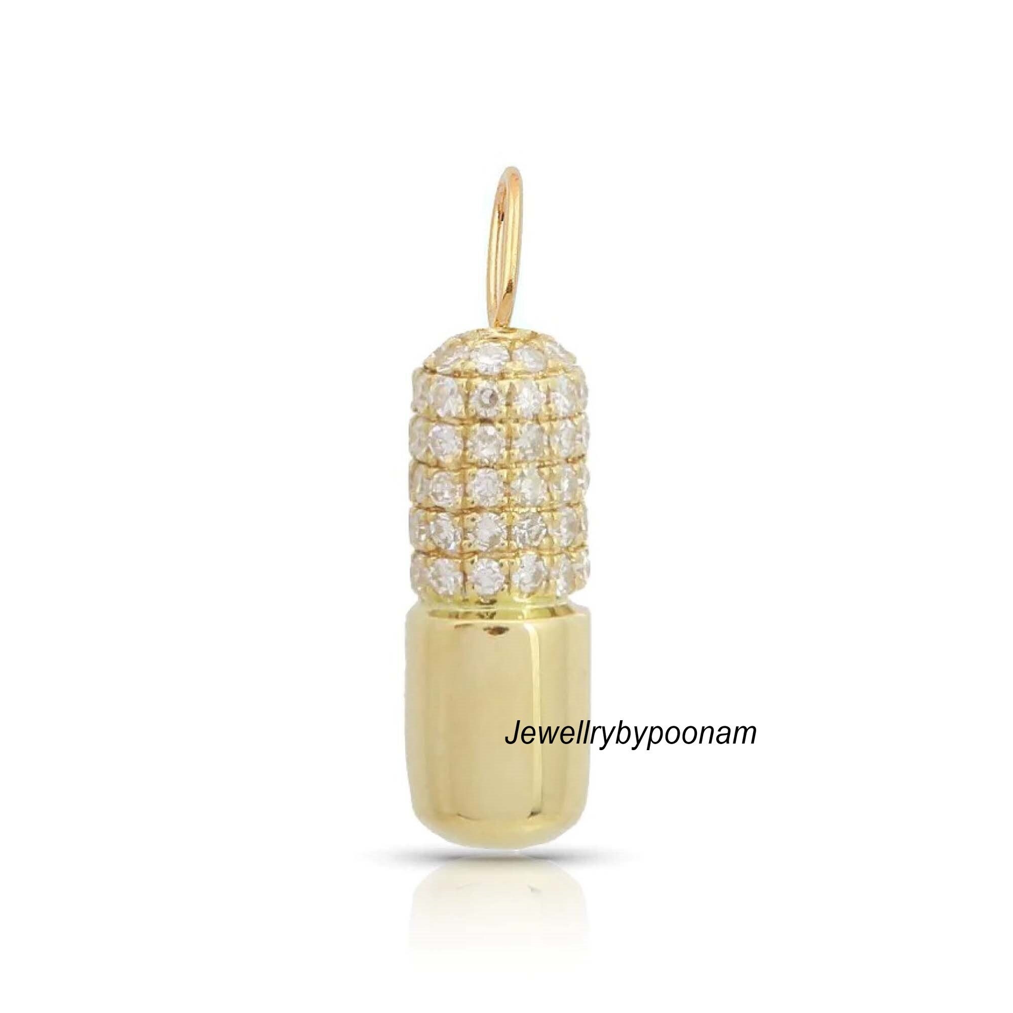 14K Gold Pill Charm Pendant: Moissanite Diamond Capsule Jewelry (25x7 MM) - View 3 - Jewelry By Poonam | SKU: MJP5263-SLYGMN-