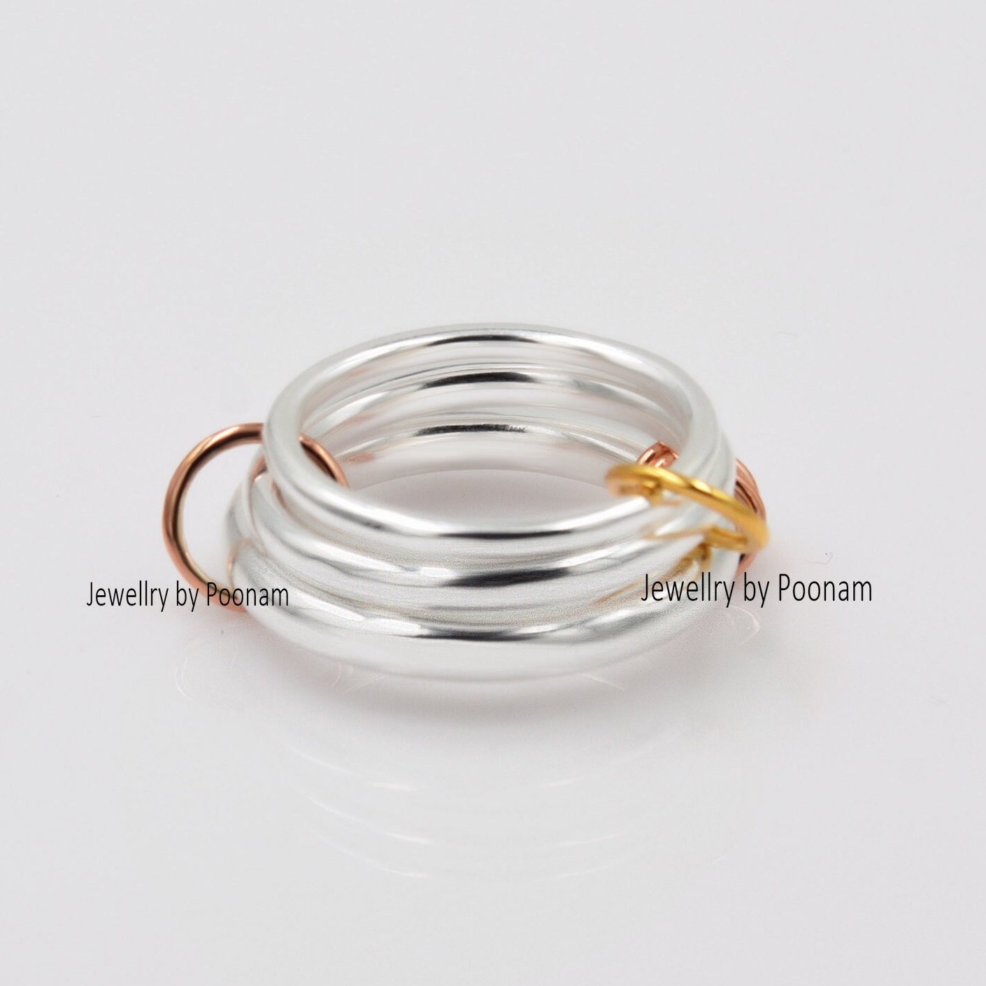 Interlocking 925 Sterling Silver Ring: Three-Band, Minimalist Stackable Jewelry, Handmade Stackable Band Set - Jewelry By Poo
