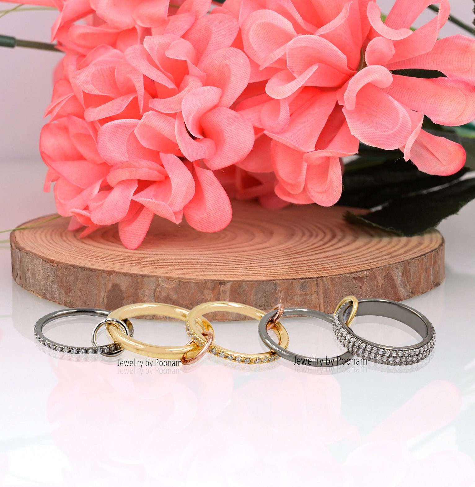925 Silver Diamond Multi-Band Connector Ring Set, Stacking Fashion Accessory - View 2 - Jewelry By Poonam | SKU: PJR924- 2/20