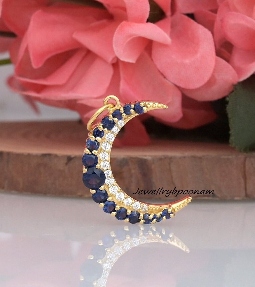 Blue Sapphire Crescent Moon Pendant: Sterling Silver Diamond Jewelry - Jewelry By Poonam | SKU: PJP3468-SLYGBSPCZ-35M 2/26