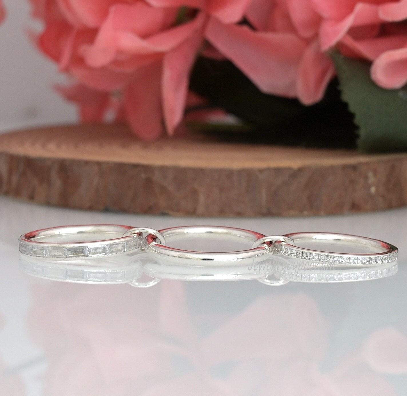14k Gold-Plated Connector band Ring; Moissanite Baguette Multi-Link Band Ring - View 2 - Jewelry By Poonam | SKU: PJR877- 2/2
