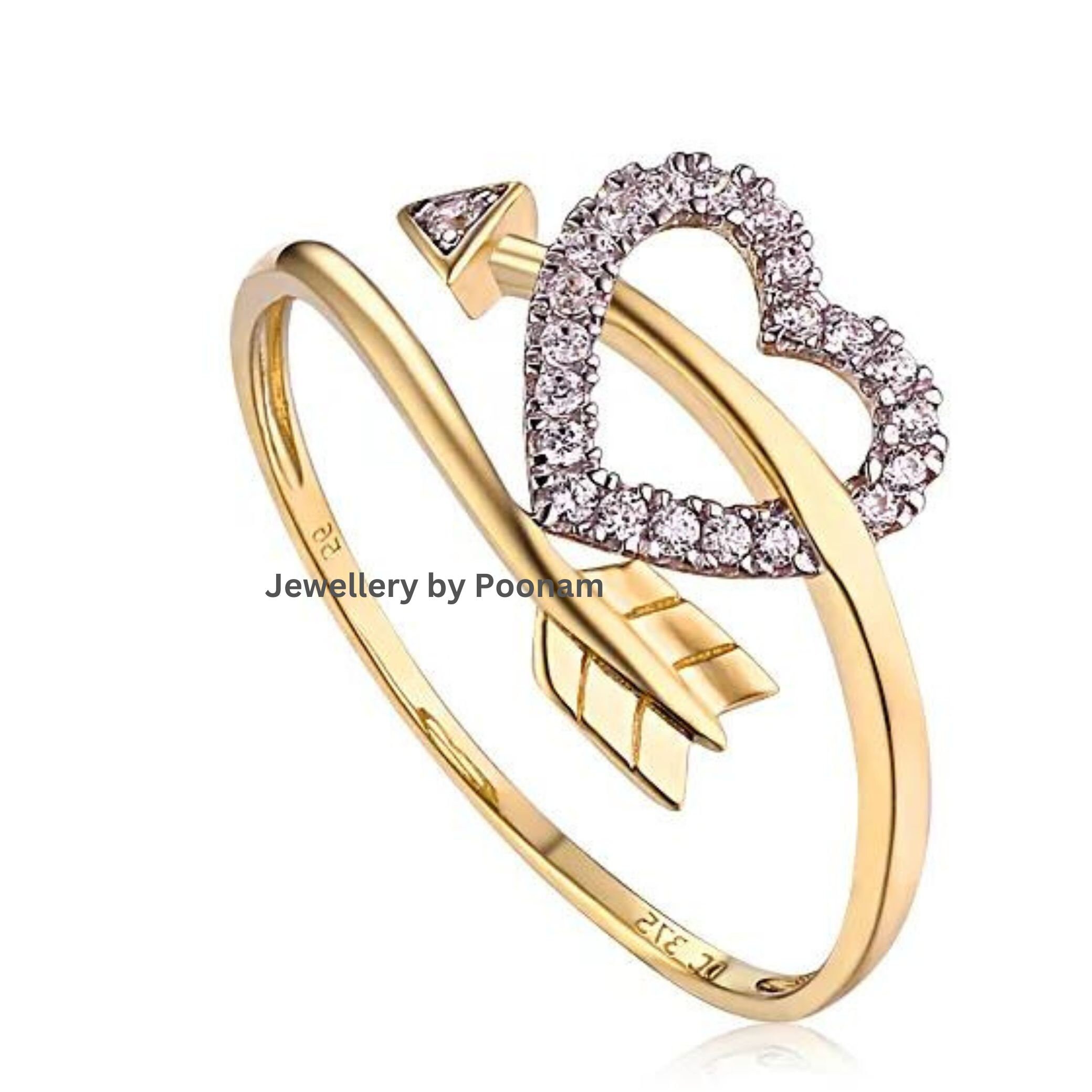 Sterling Silver Arrow Heart CZ Ring - 14K Gold Plated - Moissanite Accent - View 2 - Jewelry By Poonam | SKU: R-1060