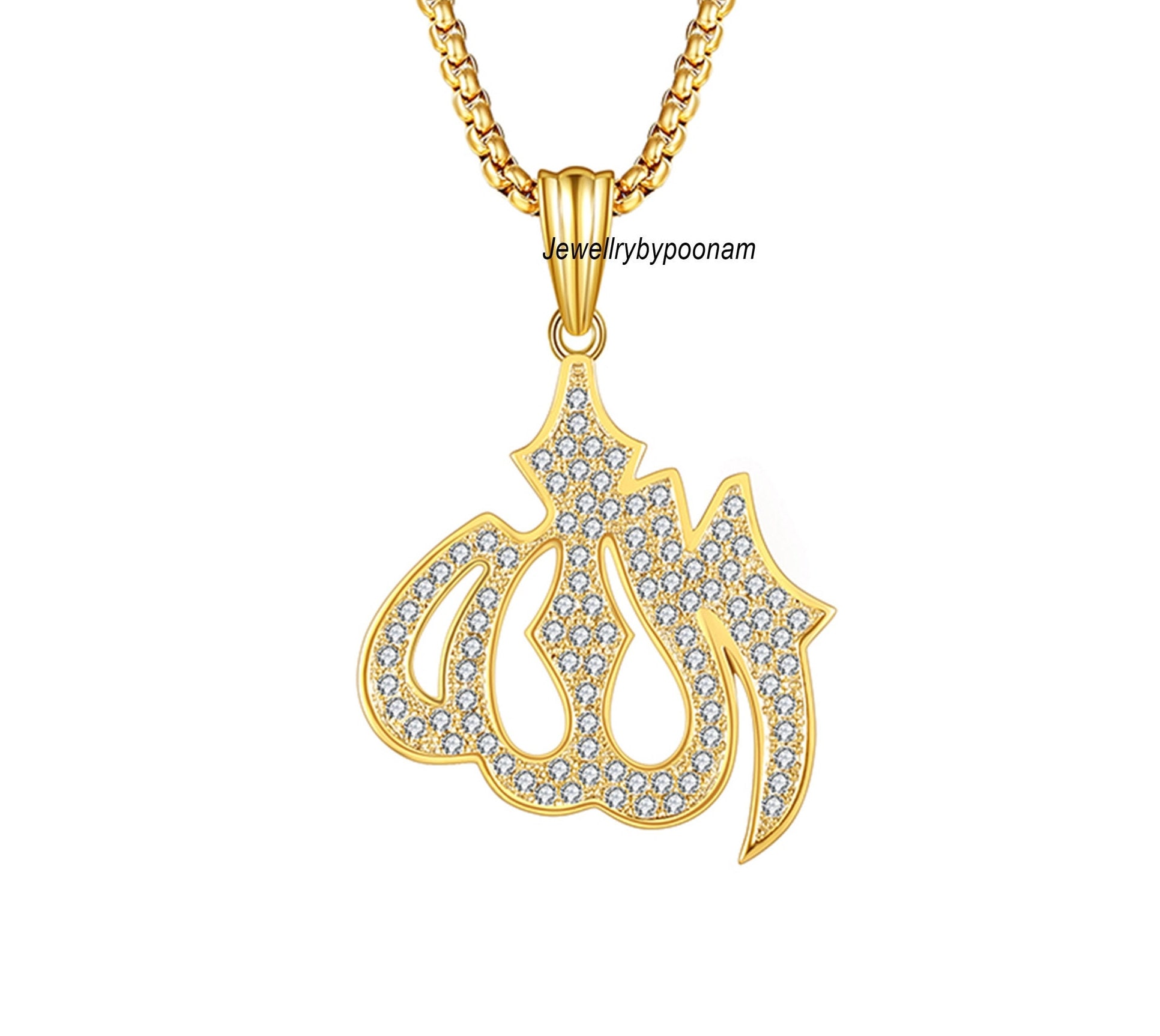 Allah Diamond Pendant: 925 Silver & 14k Gold Arabic Charm - Jewelry By Poonam | SKU: PJP-