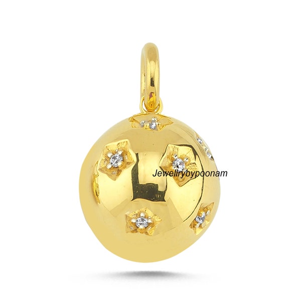 Yellow Gold Plated Diamond Ball Pendant, Diamond Star Ball Pendant, Designer Round Ball Pendant, Handmade Ball Pendant,Gemstone Ball Pendant