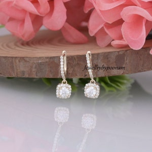 Sterling Silver 14k Gold Plated Square Huggie Drop Earrings, Diamond Dangle Baguette Earrings, Dangle Huggie Earrings