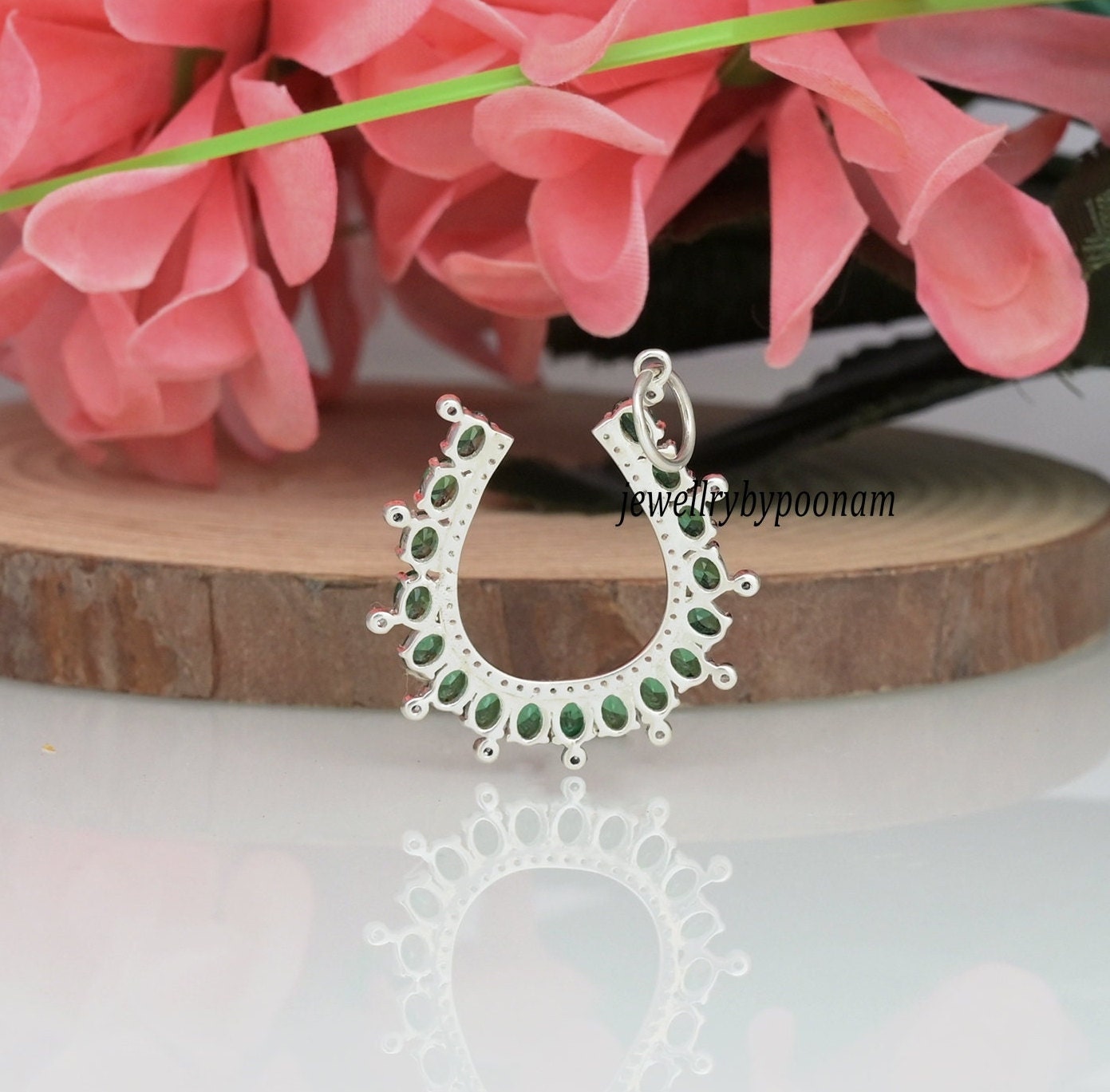 Horseshoe Charm Pendant: Emerald, Sapphire & Moissanite Diamond, 14K Gold or Sterling Silver - View 3 - Jewelry By Poonam | S