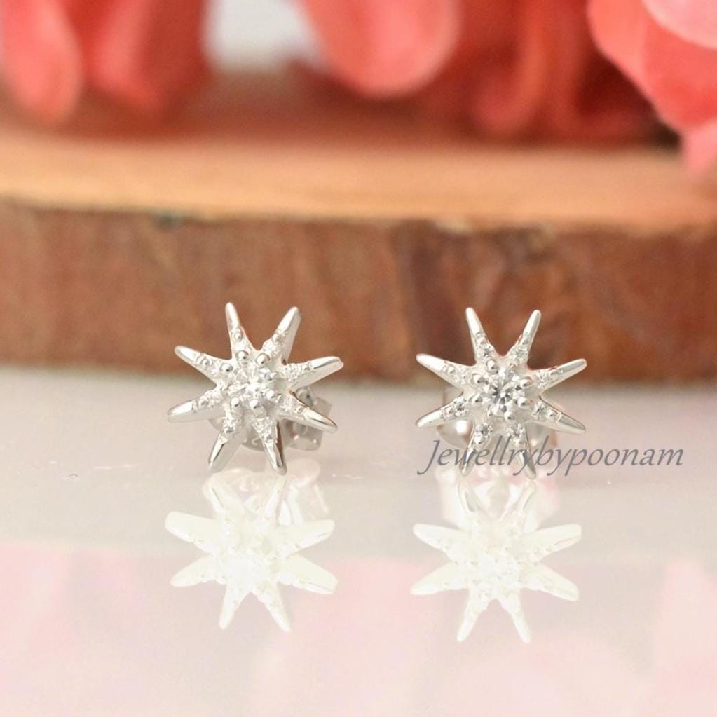 925 Sterling Silver Moissanite Star Stud Earrings: Dainty Silver Starburst - View 3 - Jewelry By Poonam | SKU: PJE2024-SLYGCZ