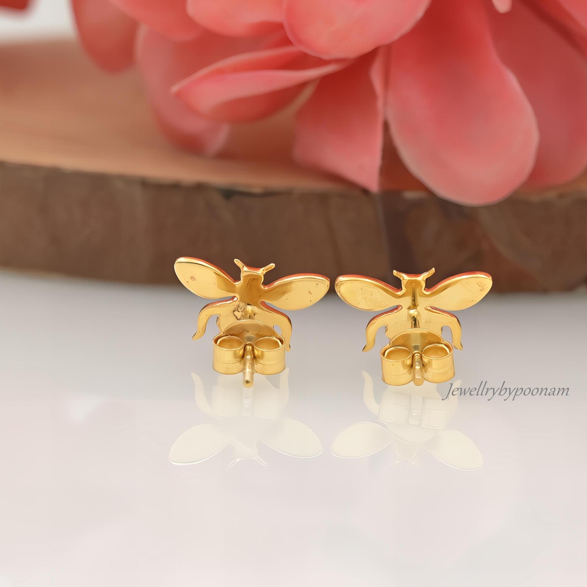 925 Sterling Silver Bee Stud Earrings — Handmade Dainty Jewelry - View 3 - Jewelry By Poonam | SKU: PJE1739-SLYG-10M 2/2026