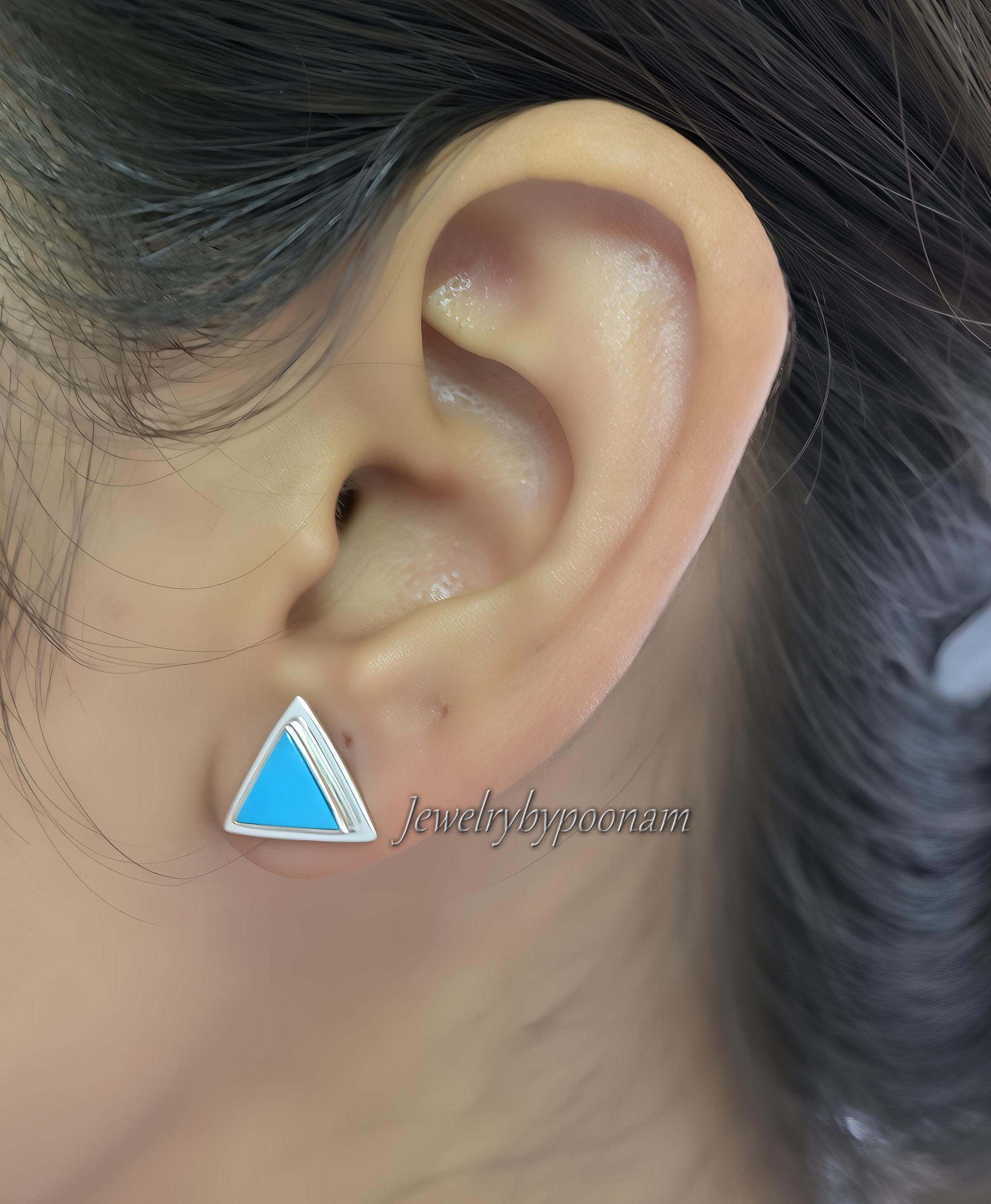 Sterling Silver Turquoise Triangle Stud Earrings: 10mm Gemstone Studs - View 2 - Jewelry By Poonam | SKU: PJE1861-SLNSTQ-10M