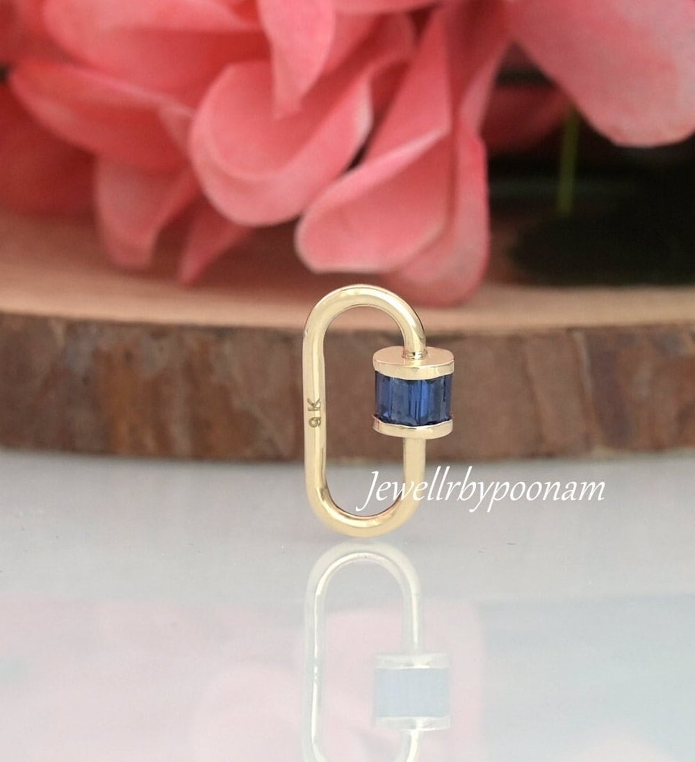 925 Sterling Silver Carabiner Lock with Baguette Sapphire Stones | Pave Carabiner Clasp | Charm Connector - View 4 - Jewelry
