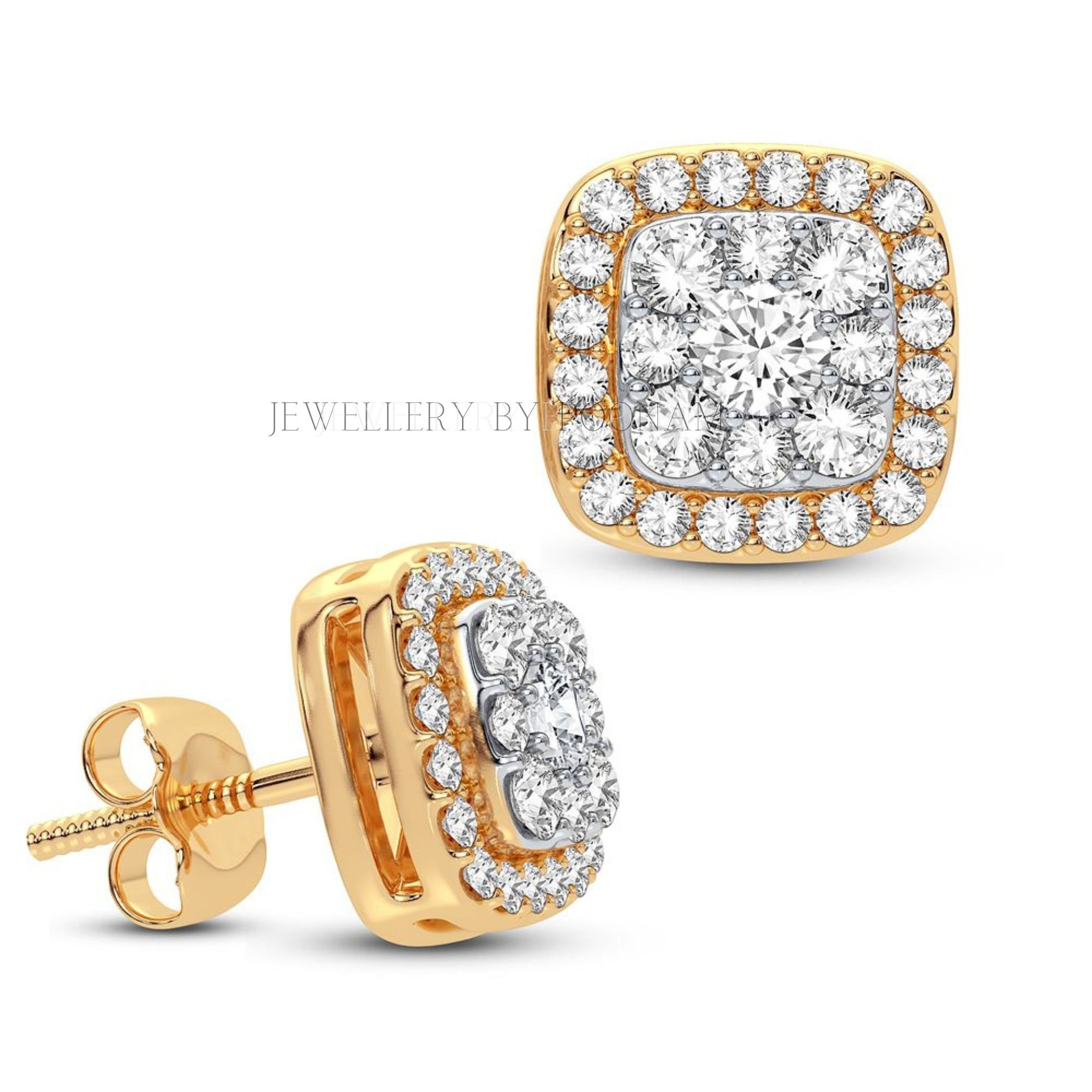 14K Gold Moissanite Cubic Zirconia Halo Earrings: 10mm Square Studs - View 3 - Jewelry By Poonam | SKU: E-128