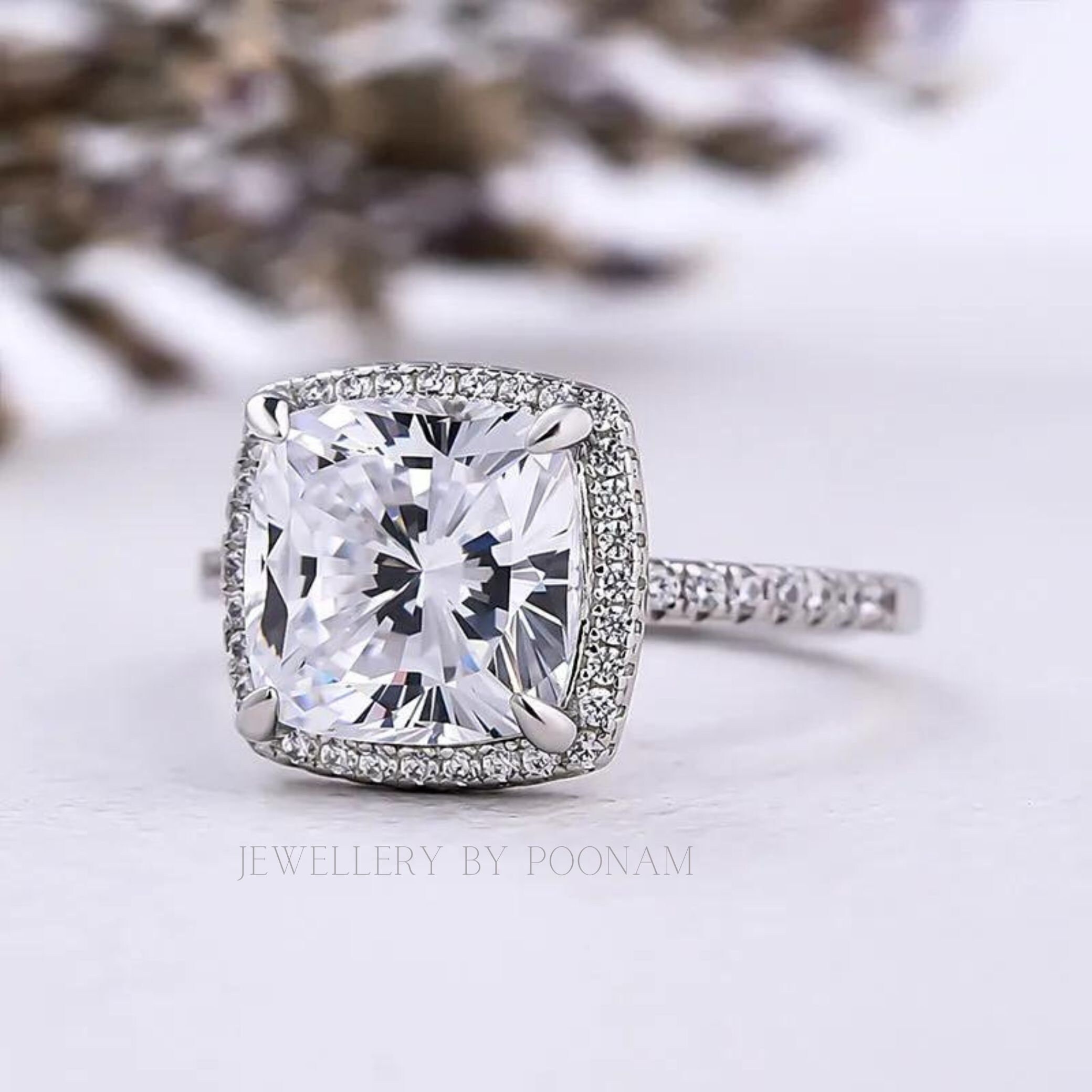 925 Sterling Silver Cushion Cut Moissanite Halo Engagement Ring – Elegant Wedding Ring for Women - View 2 - Jewelry By Poonam