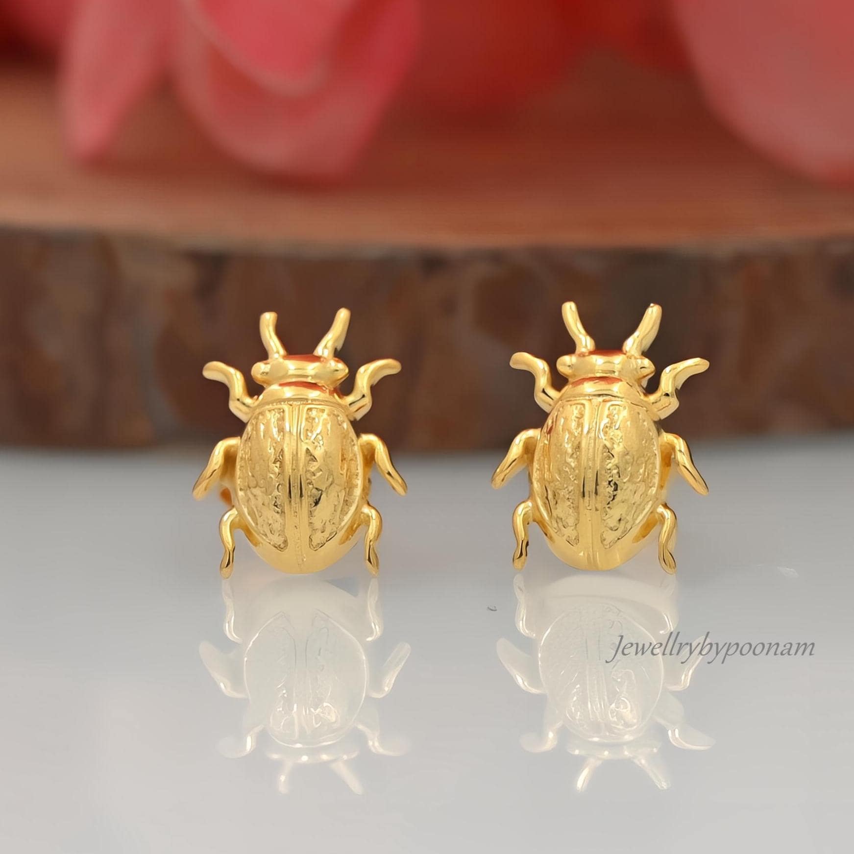 925 Gold Plated Beetle Stud Earrings: Handmade Insect Jewelry (10MM) - Jewelry By Poonam | SKU: MJE1777-SLYG-10M 2/26
