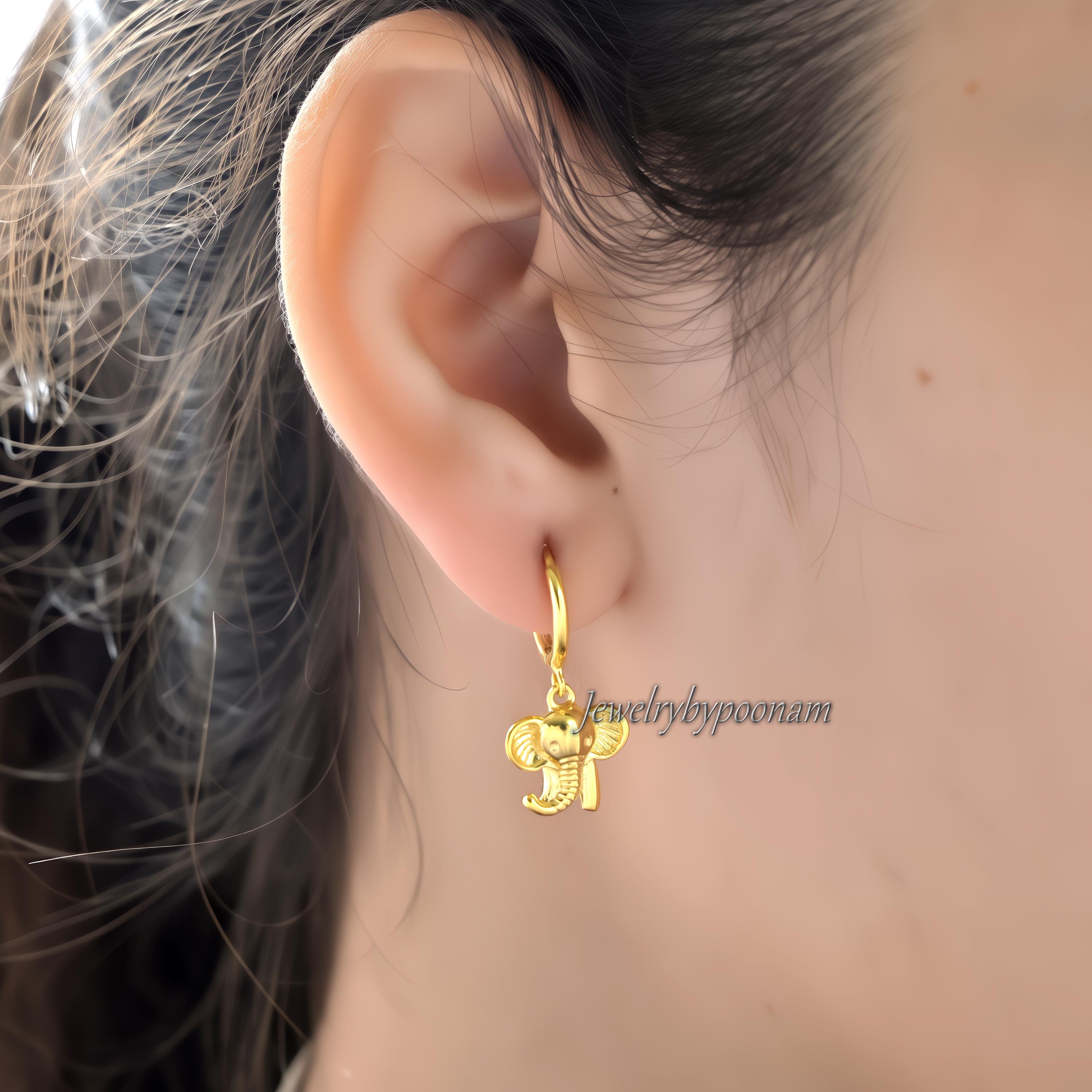 925 Gold Plated Elephant Hoop Earrings: Sterling Silver Dangle Huggies - View 2 - Jewelry By Poonam | SKU: PJE1868-SLYG-10M 2