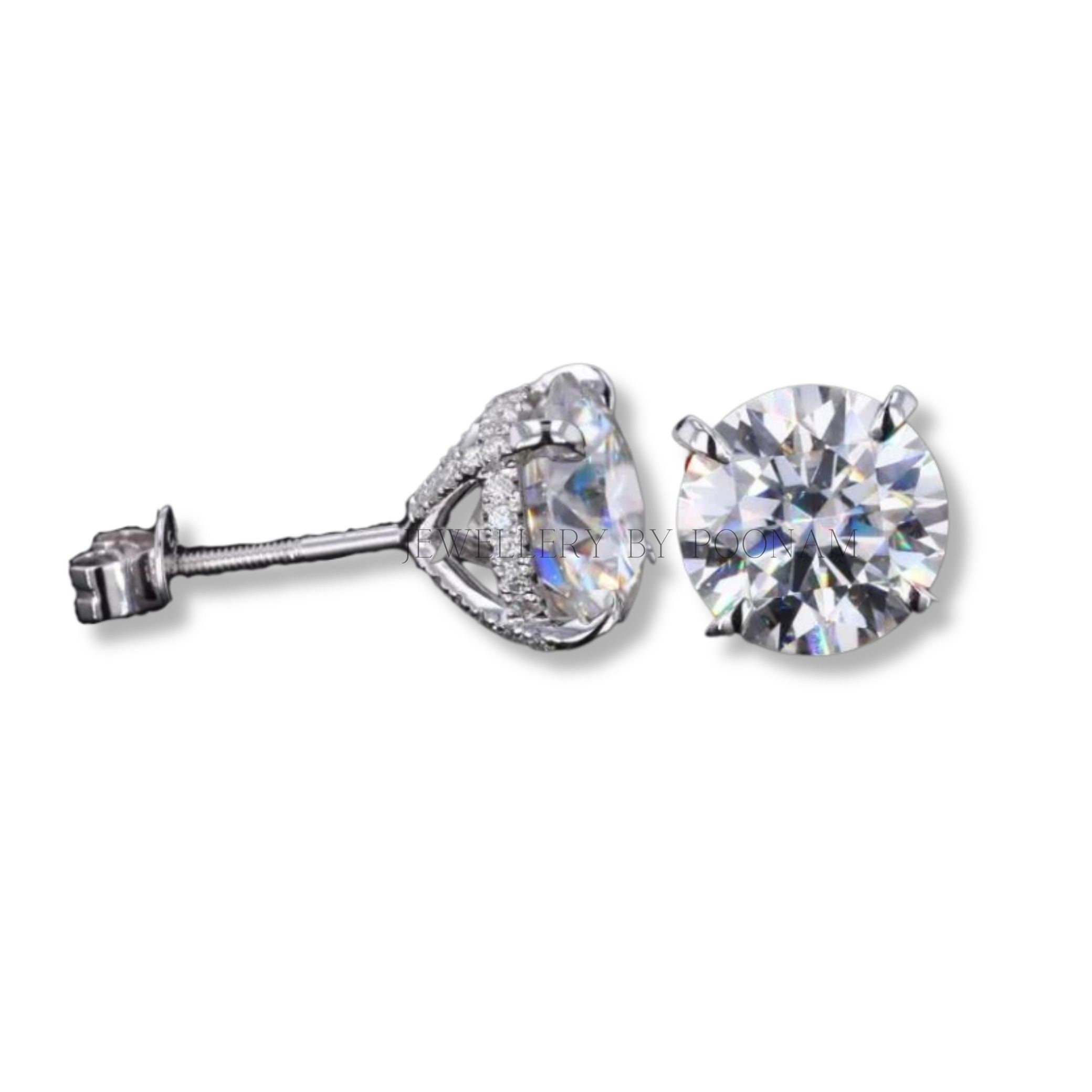 9K/14K White Gold & 925 Sterling Silver Moissanite Stud Earrings: Round Cut, 5mm - View 4 - Jewelry By Poonam | SKU: E-1316