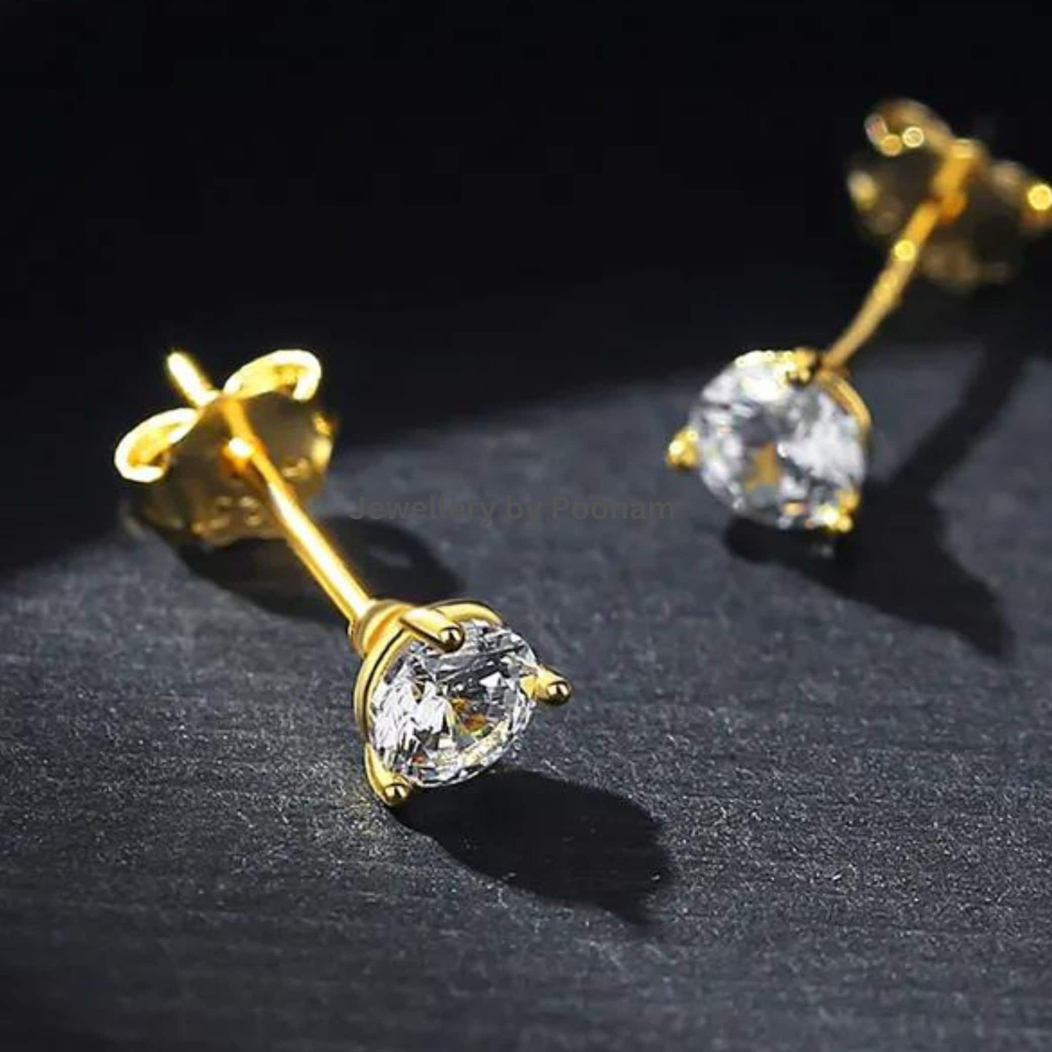 9K/14K Yellow Gold & 925 Sterling Round Cut Stud Earrings: Moissanite or CZ - View 3 - Jewelry By Poonam | SKU: E-113