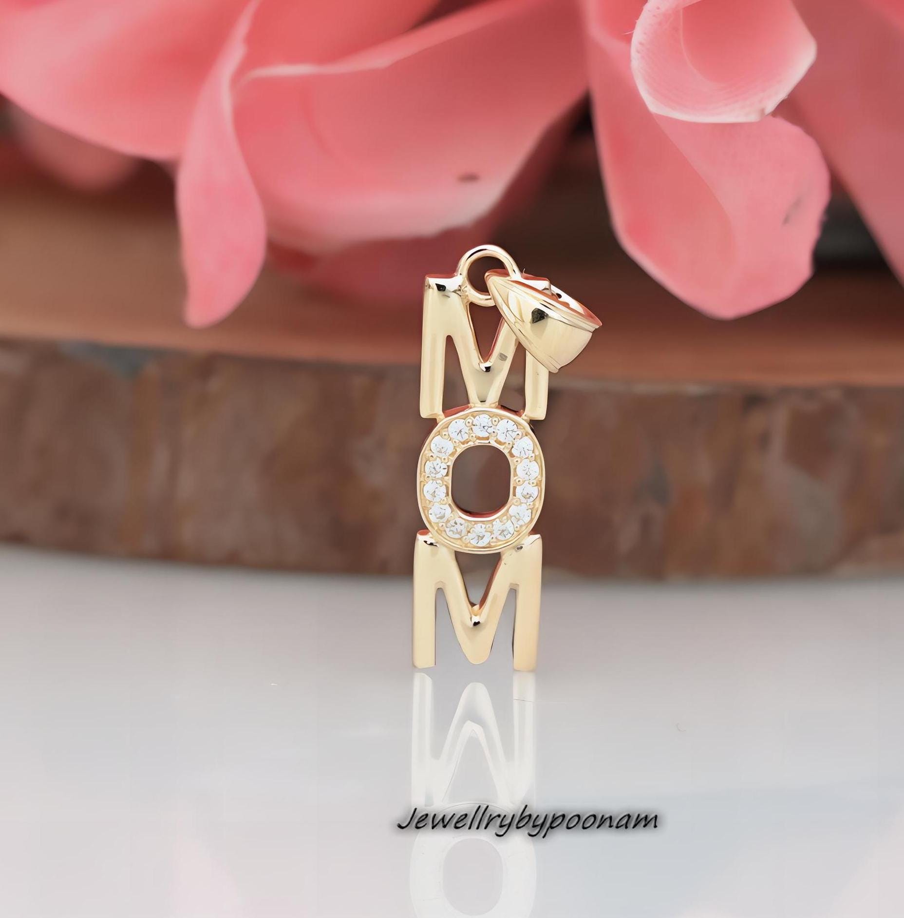 14k Solid Gold MOM Pendant: Moissanite Diamond, Handmade Charm - Jewelry By Poonam | SKU: PJP--4251-14kYGMN-25M 2/26