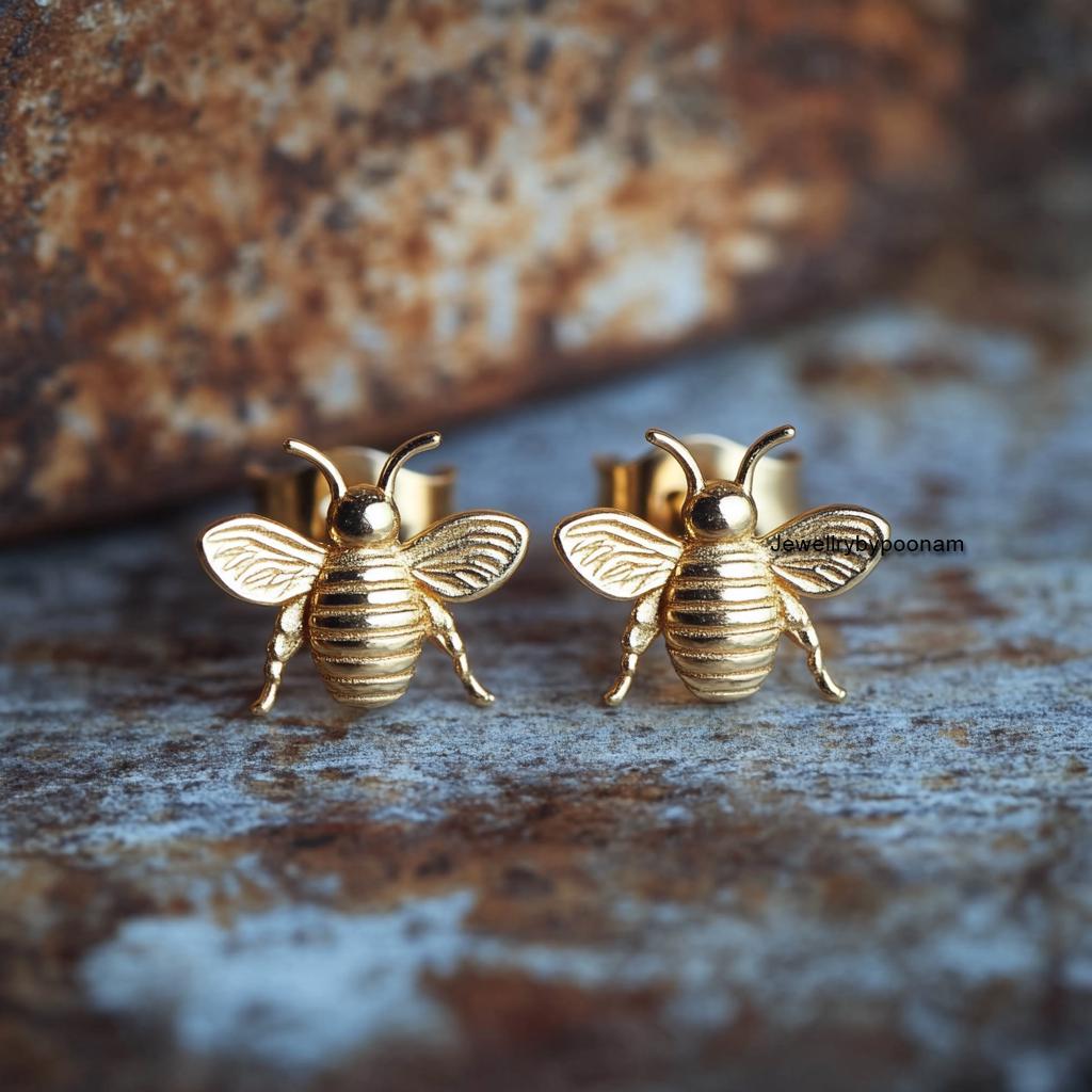 925 Sterling Silver Bee Stud Earrings — Handmade Dainty Jewelry - View 5 - Jewelry By Poonam | SKU: PJE1739-SLYG-10M 2/2026