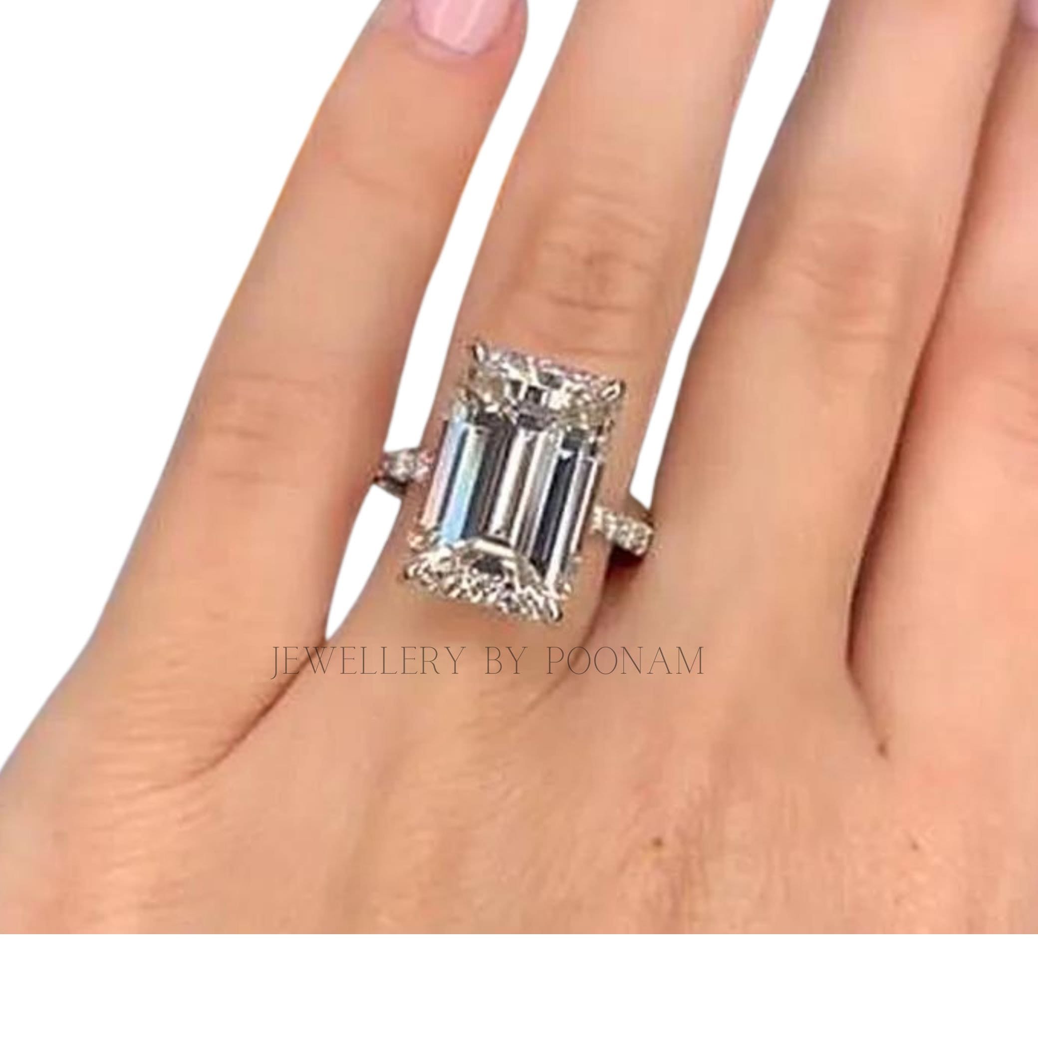 925 Sterling Silver Elongated Emerald Cut Engagement Ring | Unique Wedding Ring - View 2 - Jewelry By Poonam | SKU: PJR2674-S