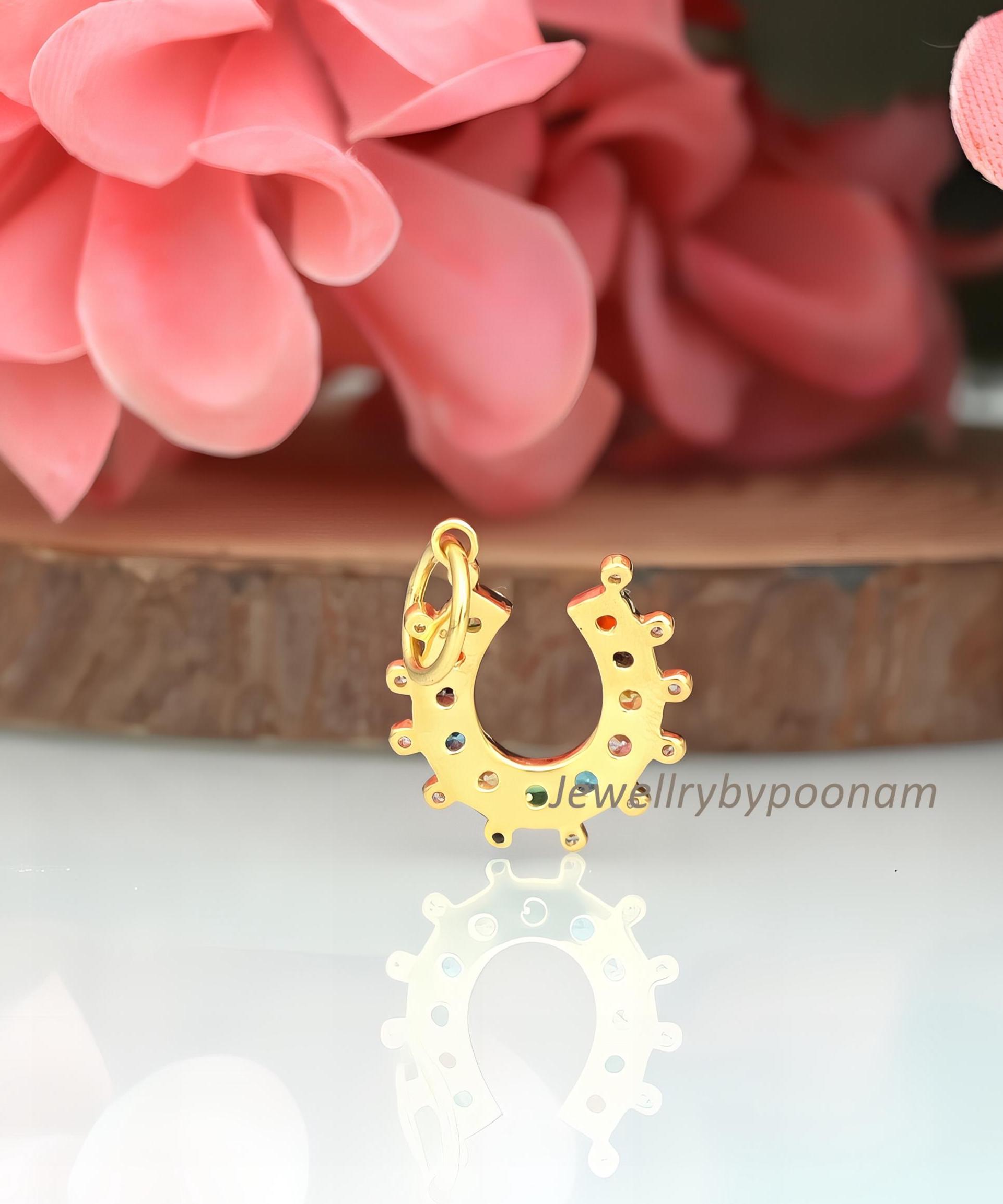 Horseshoe Charm Pendant: Emerald, Sapphire & Moissanite Diamond, 14K Gold or Sterling Silver - View 4 - Jewelry By Poonam | S
