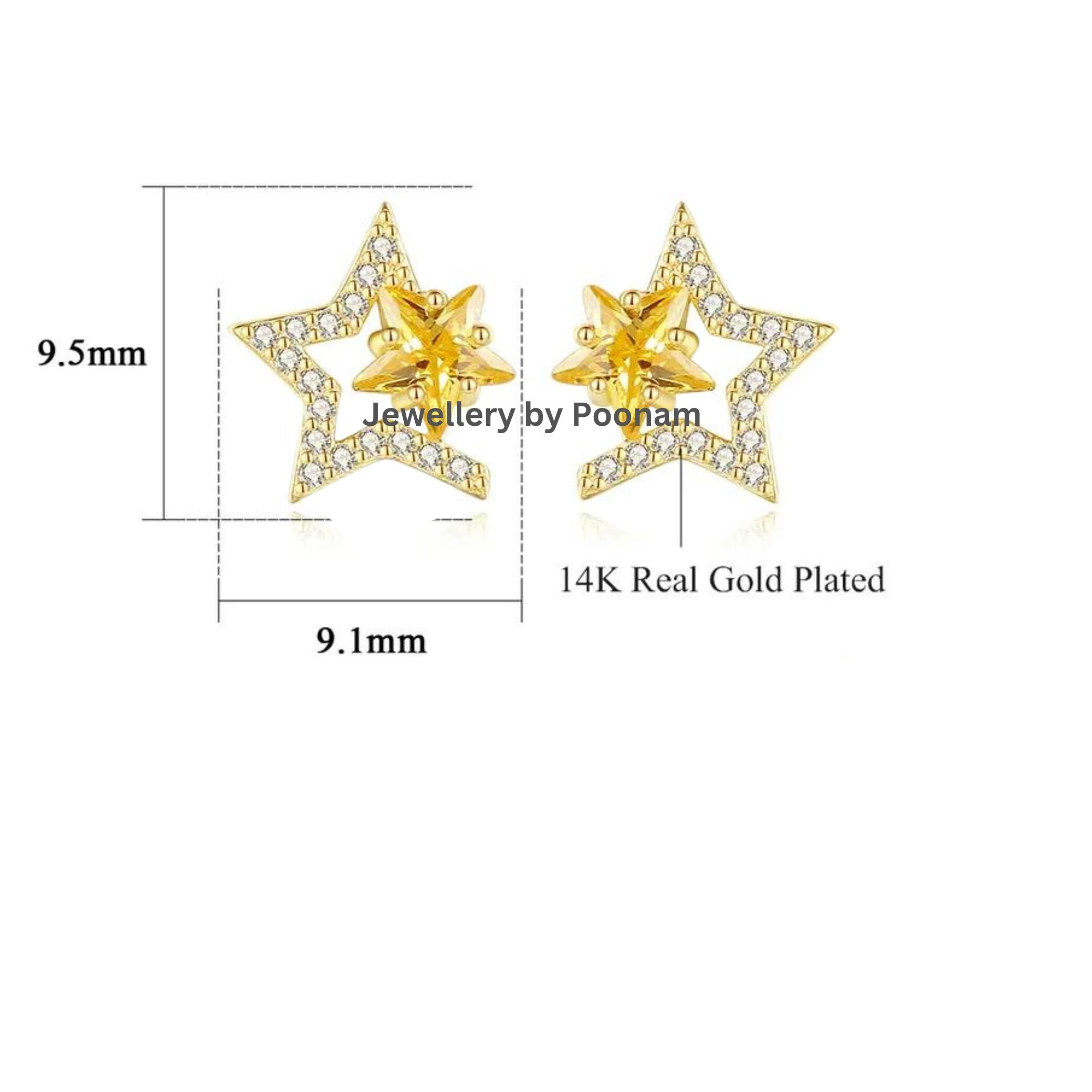 9K/14K Yellow Gold & 925 Sterling Moissanite Star Stud Earrings: CZ Double Star Design - View 2 - Jewelry By Poonam | SKU: E-