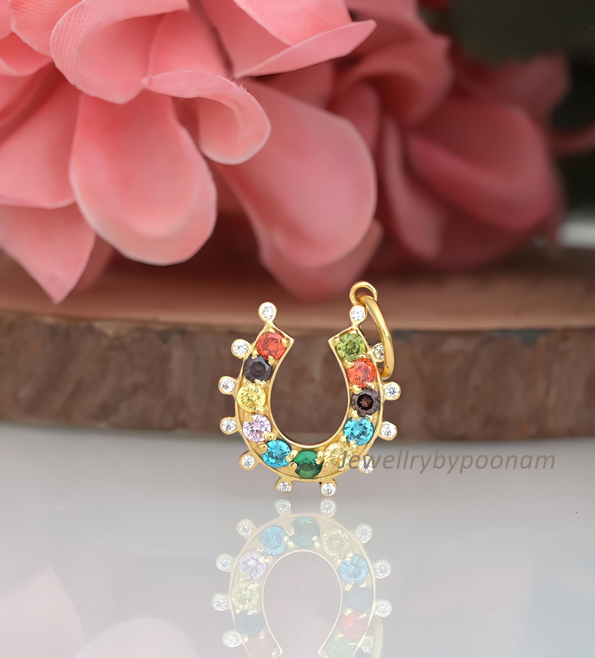 Horseshoe Charm Pendant: Emerald, Sapphire & Moissanite Diamond, 14K Gold or Sterling Silver - View 2 - Jewelry By Poonam | S