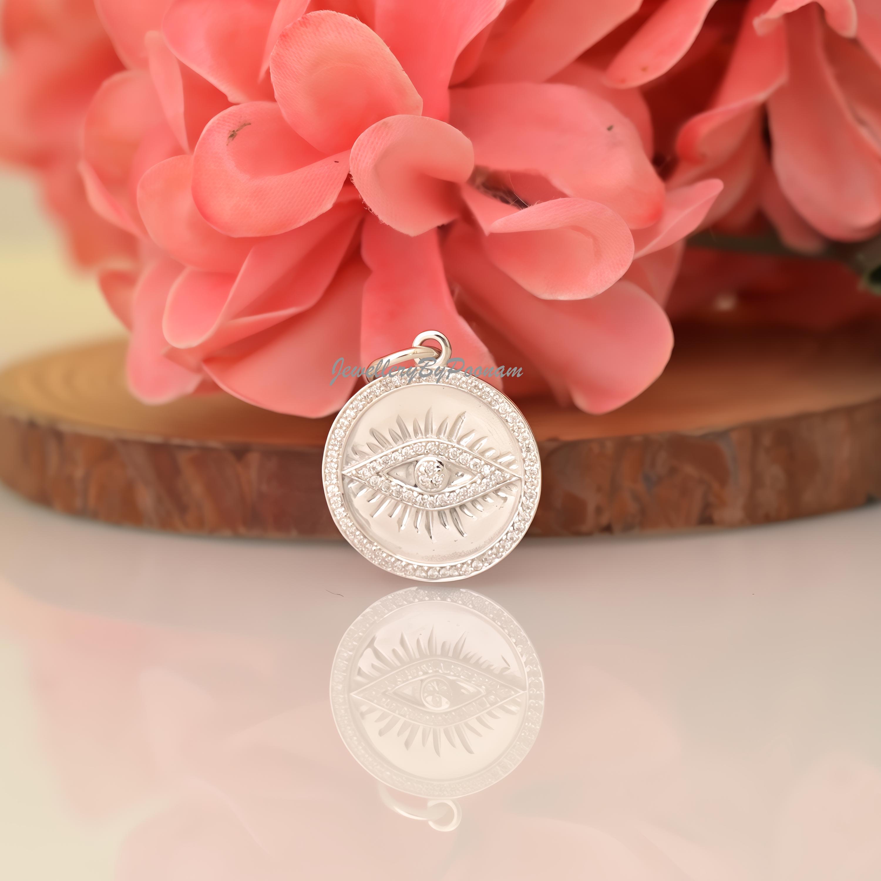 Diamond Evil Eye Pendant: 925 Sterling Silver Charm, 14k Gold Detail - Jewelry By Poonam | SKU: PJP4836-SLYGMN-30M 2/26
