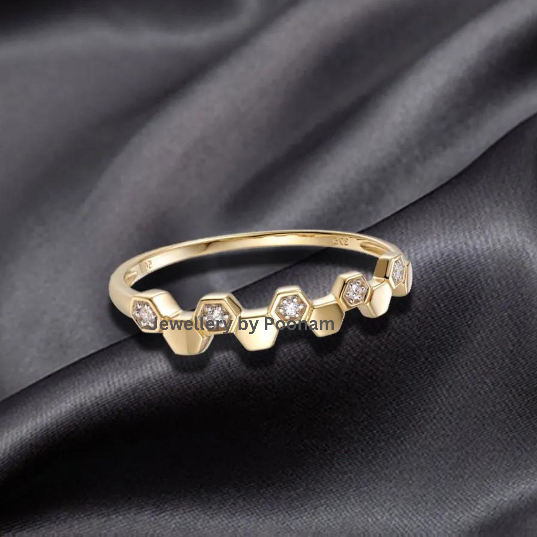 9K Gold Hexagon Ring: Cubic Zircon Engagement Ring - View 3 - Jewelry By Poonam | SKU: R-1057