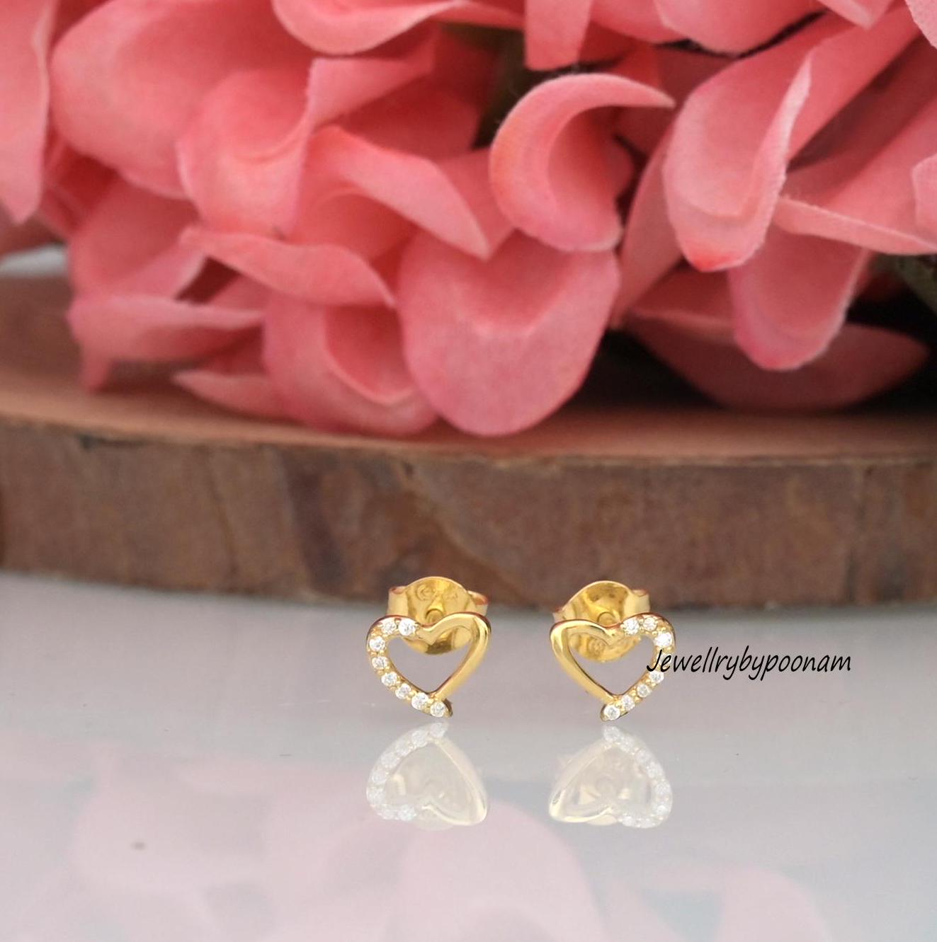 9k/14k Gold Sterling Silver Heart Stud Earrings, Moissanite Cubic Zirconia Detail - Jewelry By Poonam | SKU: PJE1620-SLYGWGMN