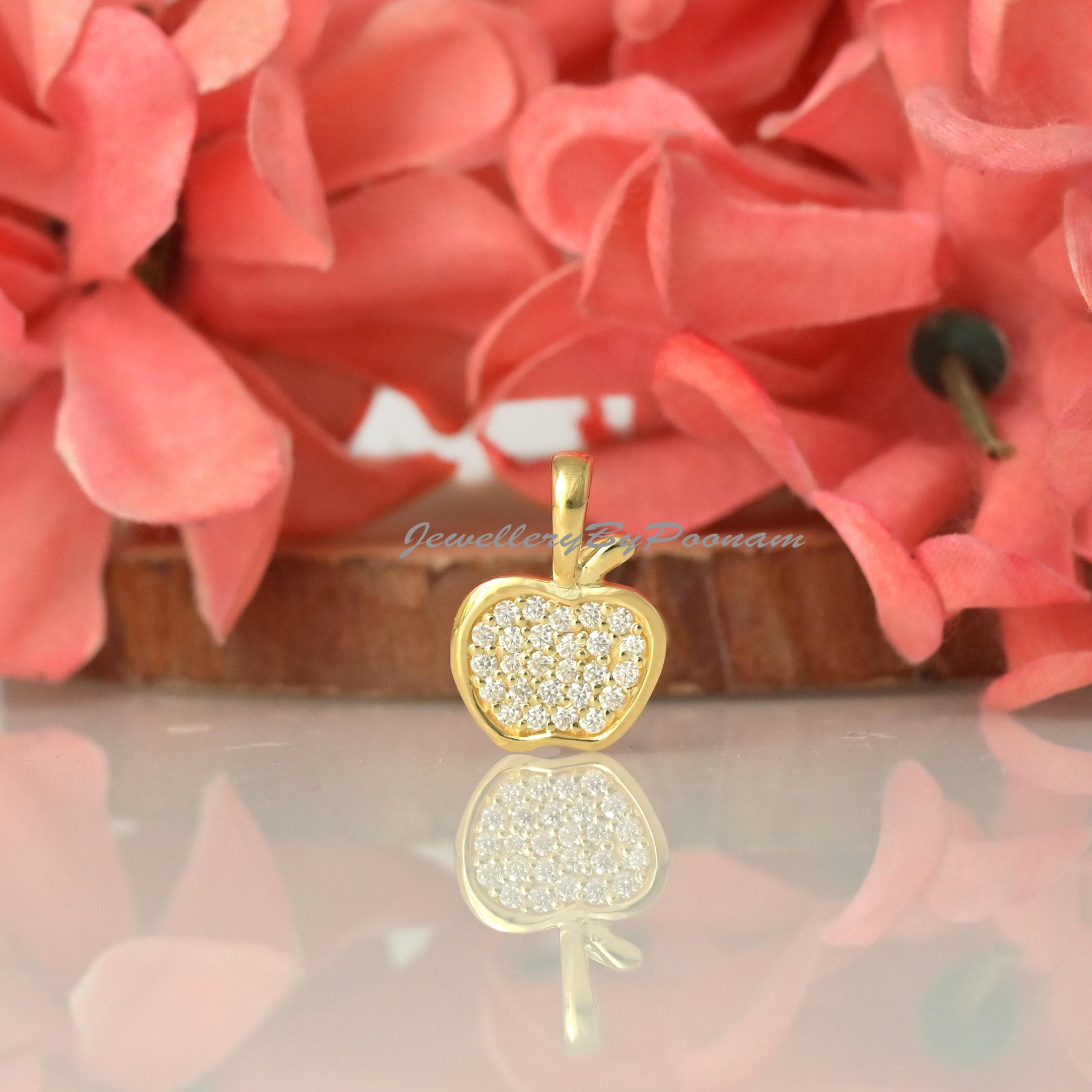 14k Gold Apple Pendant: Sterling Silver Diamond Accent - Jewelry By Poonam | SKU: MJP5395-SLYGMN-20 M M