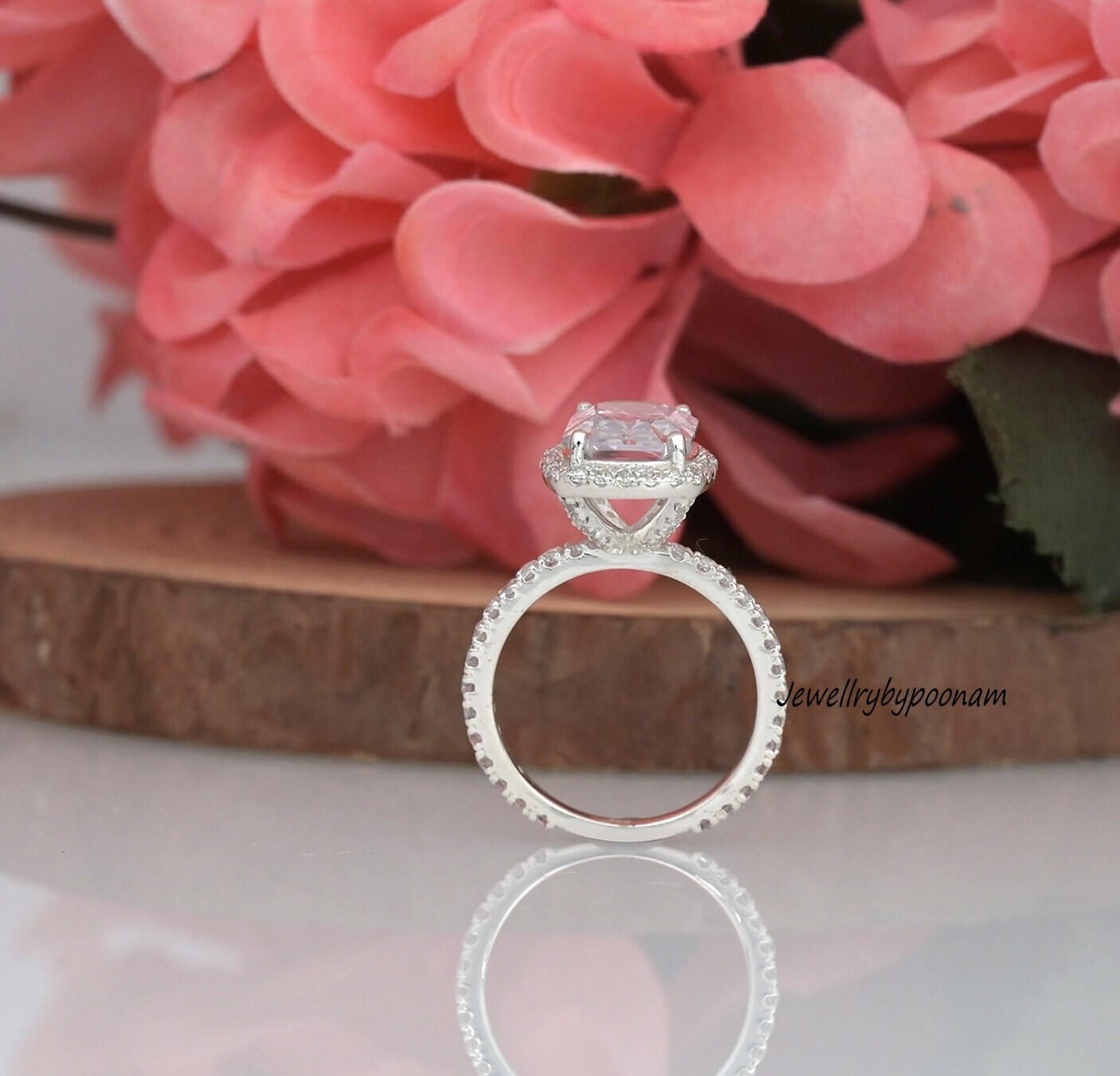 Halo Cushion Cut Sona Simulated Diamond Engagement Ring in Sterling Silver - Affordable Luxury - View 3 - Jewelry By Poonam |