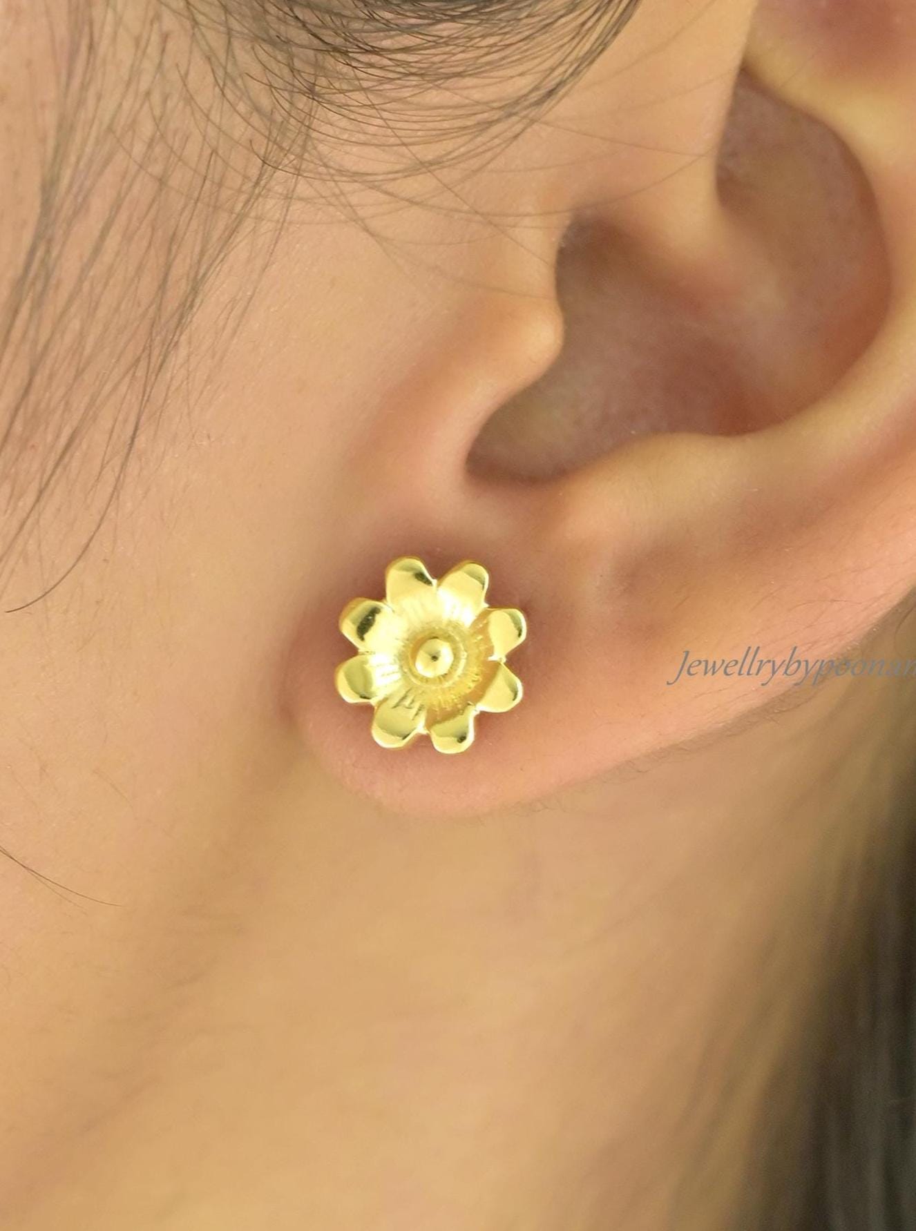 925 Sterling Silver Tiny Daisy Stud Earrings: Delicate Flower Jewelry - View 6 - Jewelry By Poonam | SKU: PJE2018-SLYG-10M,PJ