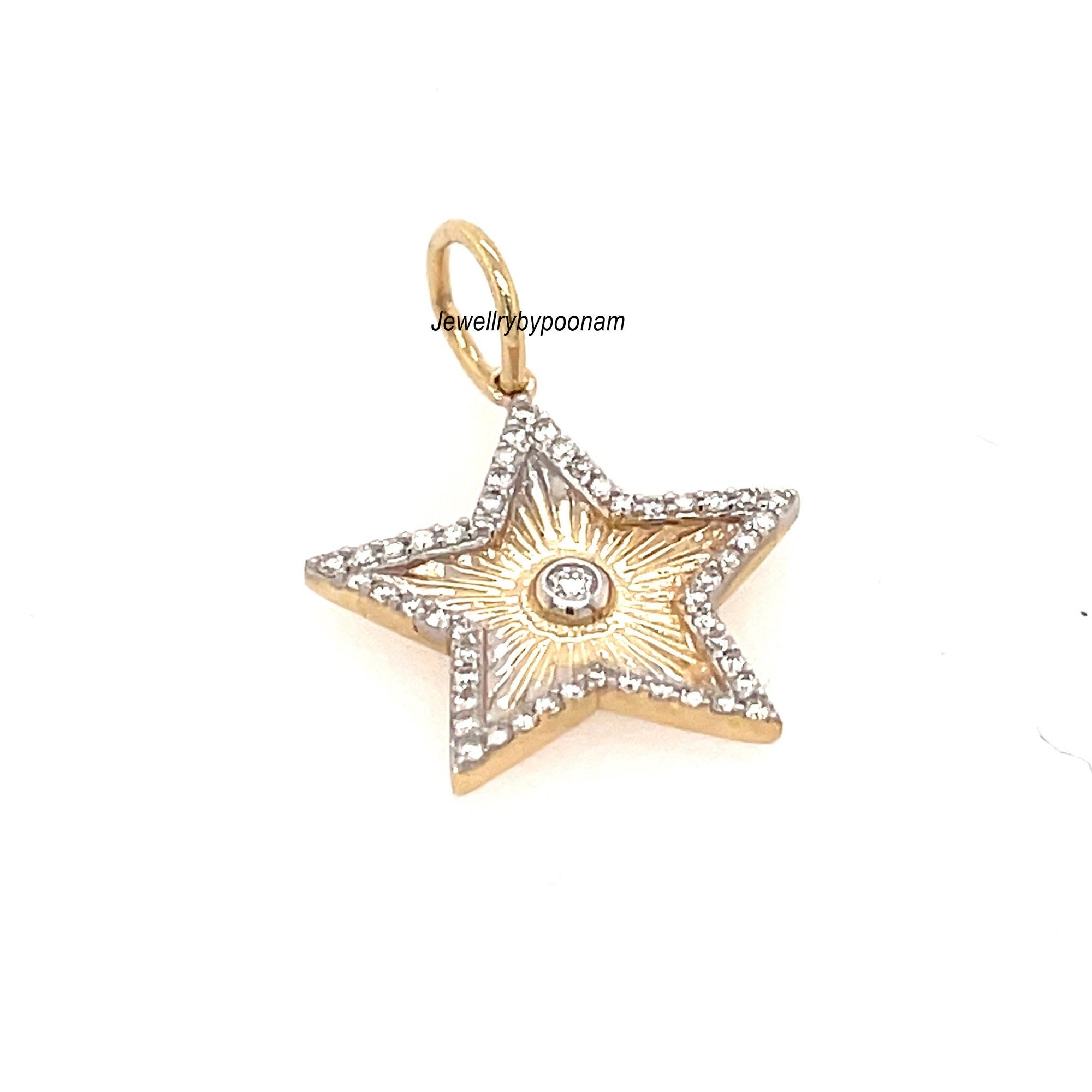 14k Gold Fluted Star Moissanite Pendant, Sterling Silver Charm (25x20 MM) - Jewelry By Poonam | SKU: PJP-