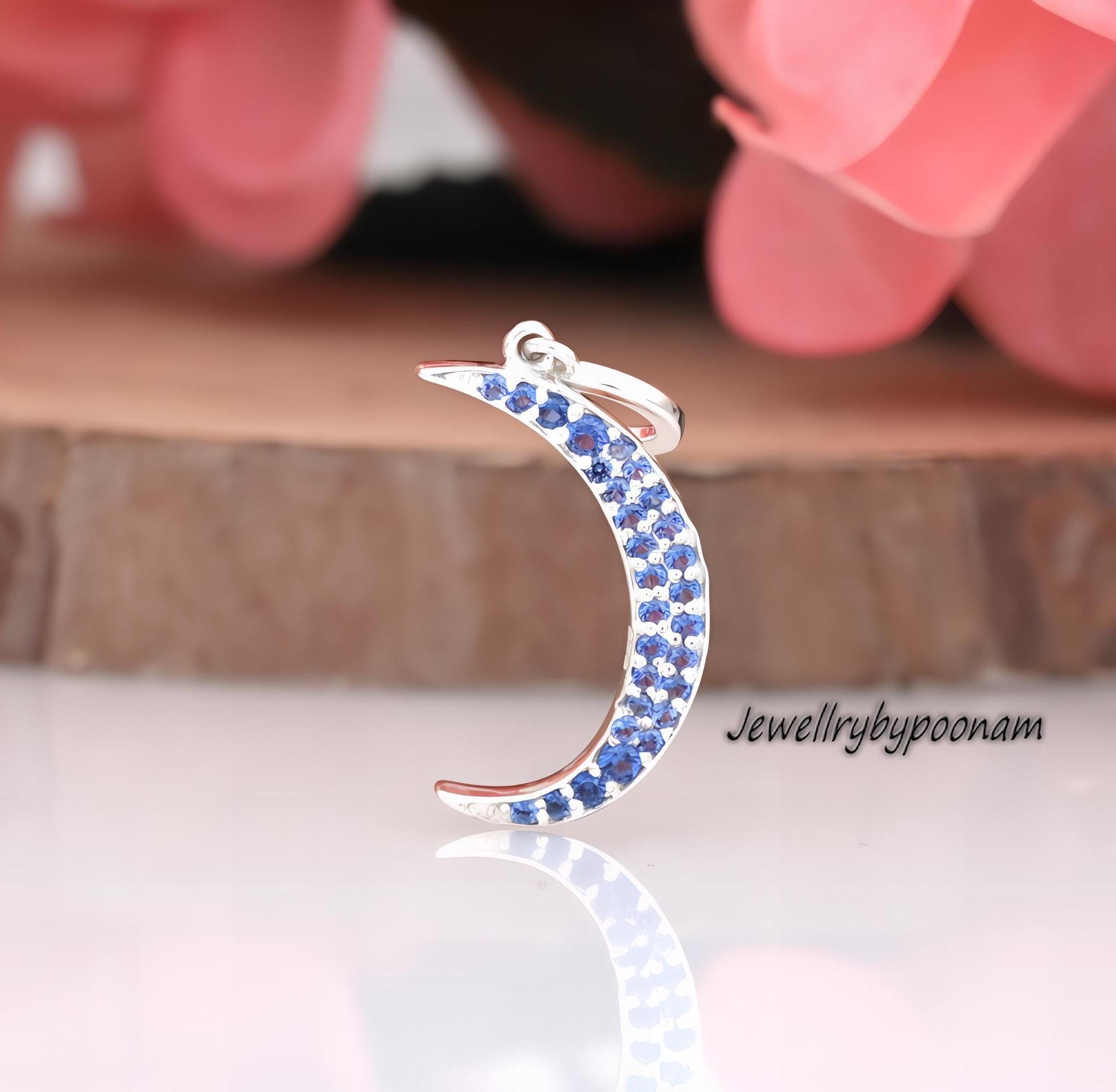 925 Sterling Silver Crescent Moon Pendant: Diamond Half Moon Charm (30 MM) - Jewelry By Poonam | SKU: PJP4271-SLNSBCZ-25 2/26