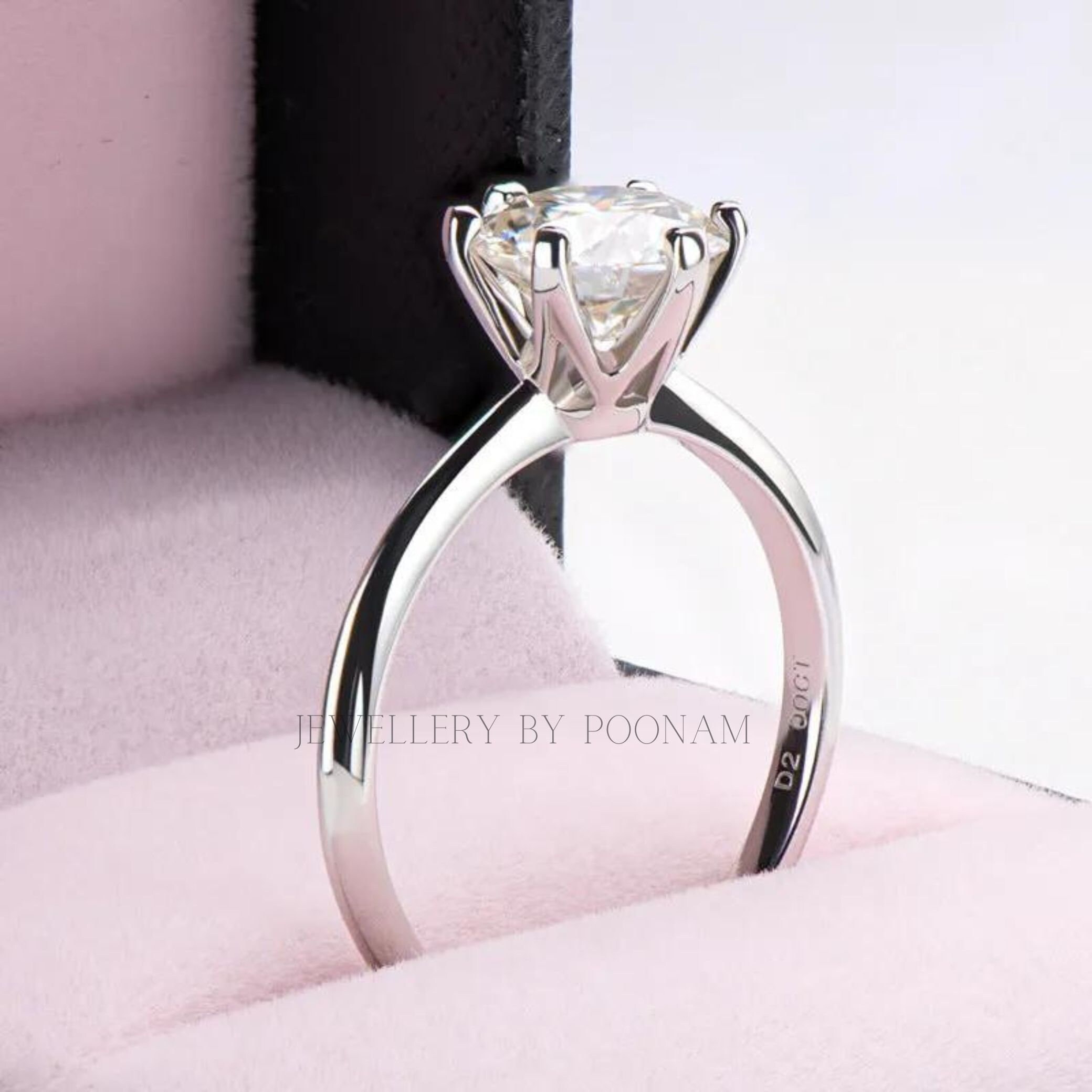 Classic Round Cut Moissanite Engagement Ring – 925 Sterling Silver Bridal Ring - View 2 - Jewelry By Poonam | SKU: R-1193