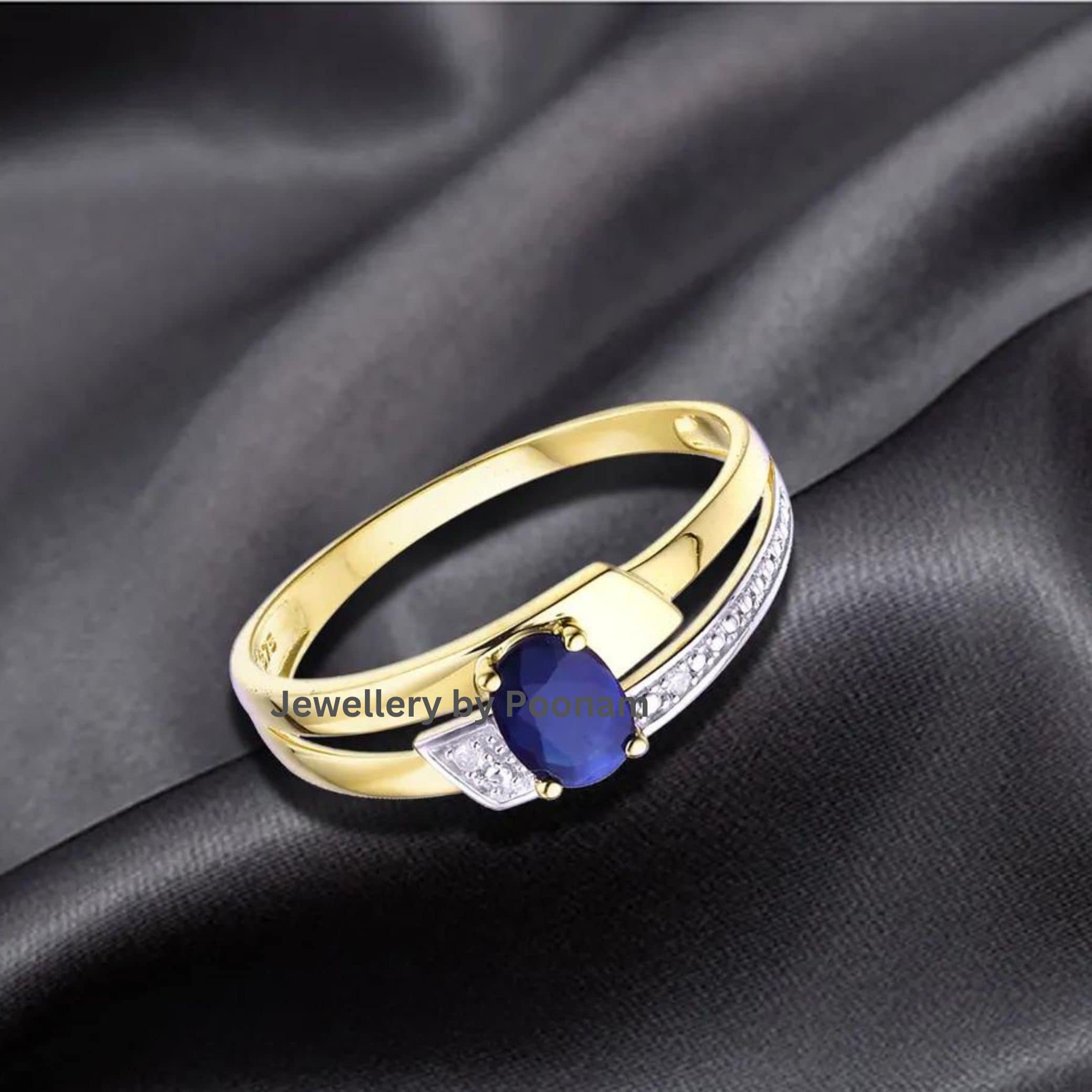 Blue Sapphire Moissanite 925 Gold Plated Wedding Ring - View 3 - Jewelry By Poonam | SKU: R-1061
