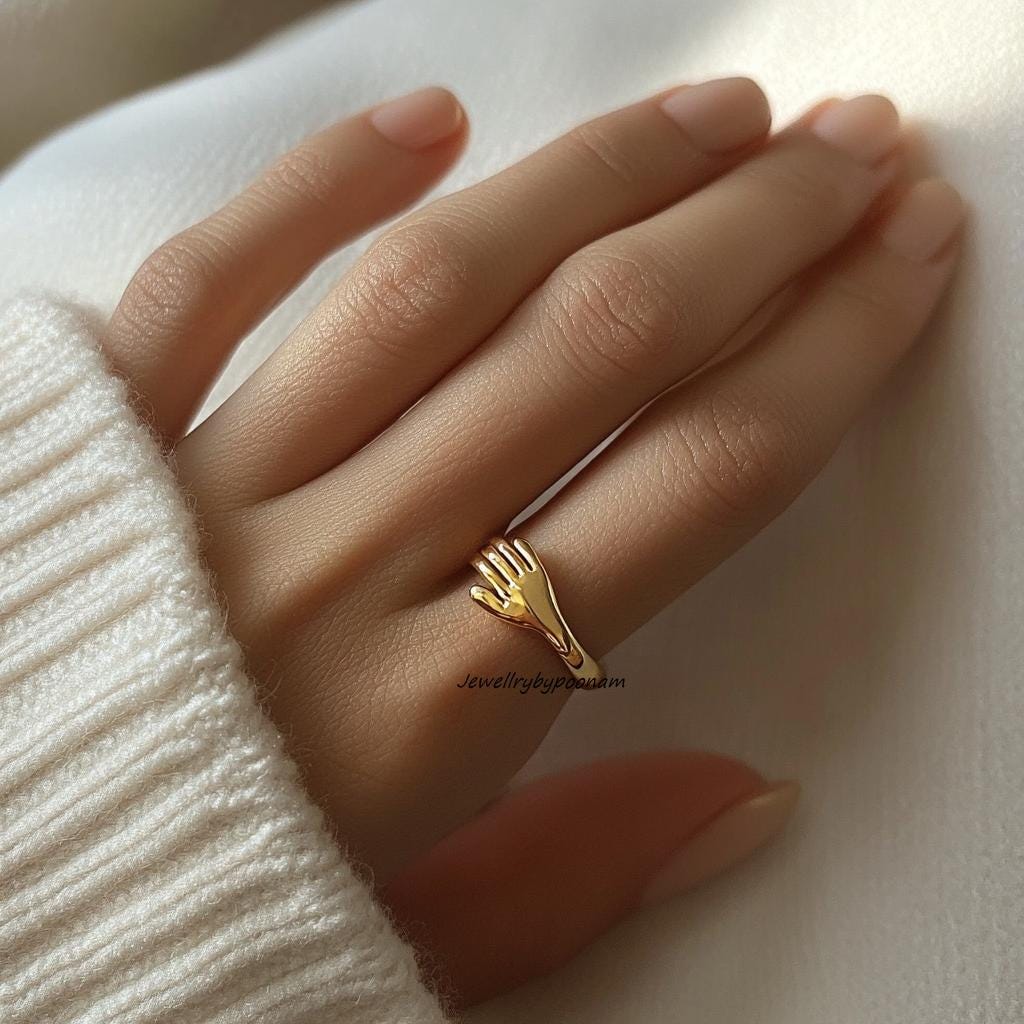 14k Yellow Gold Hand Ring: Sterling Silver Hug Ring, Adjustable - View 2 - Jewelry By Poonam | SKU: PJR-