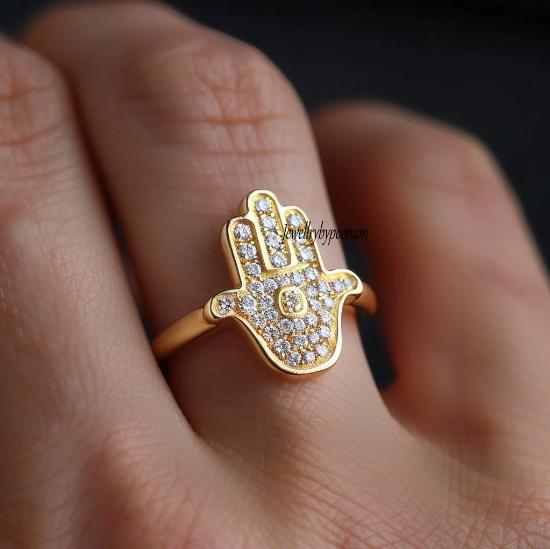 14k Gold Plated Hamsa Ring: CZ Diamond Stackable Band - View 3 - Jewelry By Poonam | SKU: PJR2973-SLYGEM-US-10