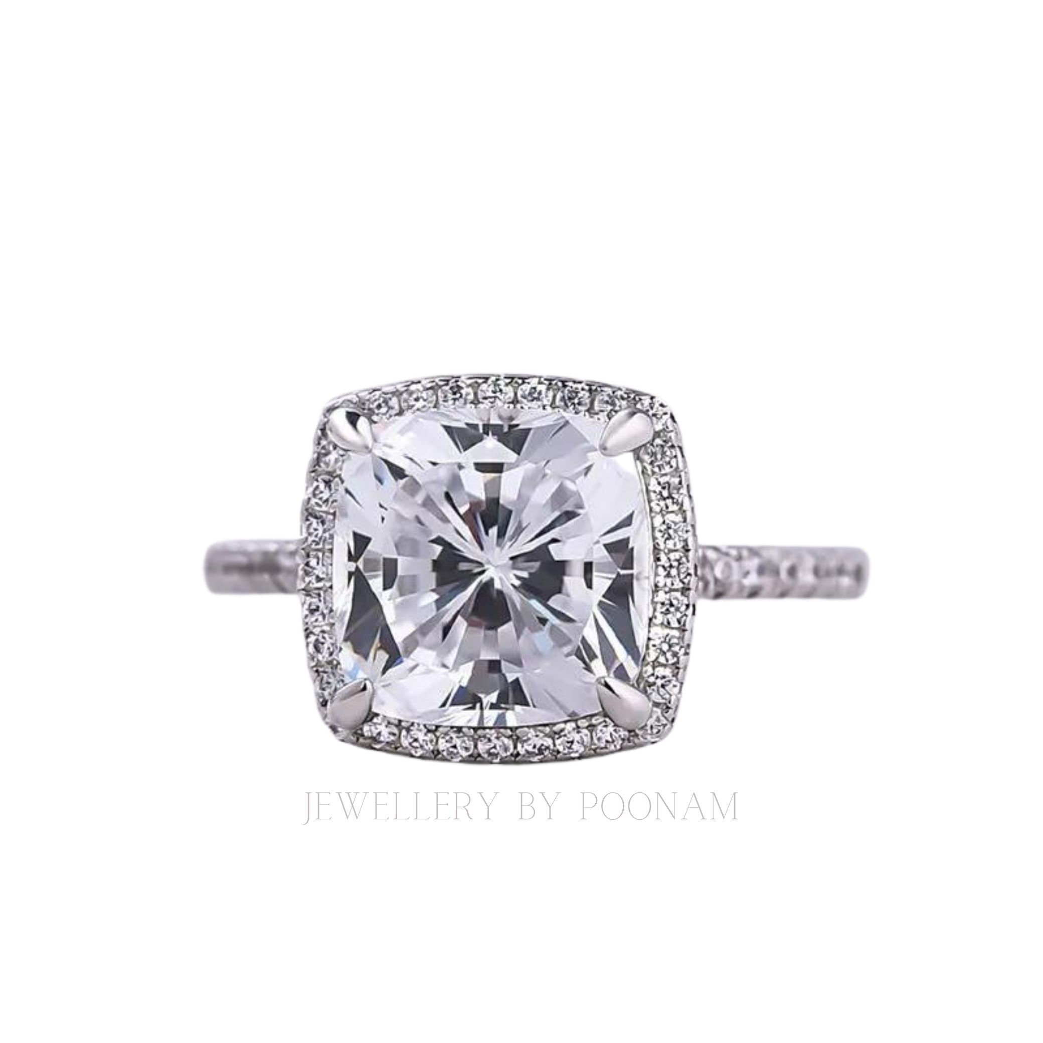 925 Sterling Silver Cushion Cut Moissanite Halo Engagement Ring – Elegant Wedding Ring for Women - Jewelry By Poonam | SKU: R