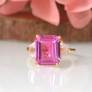 Sterling Silver Three Stone Morganite Pink Emerald Cut Engagement Ring - Gorgeous Design