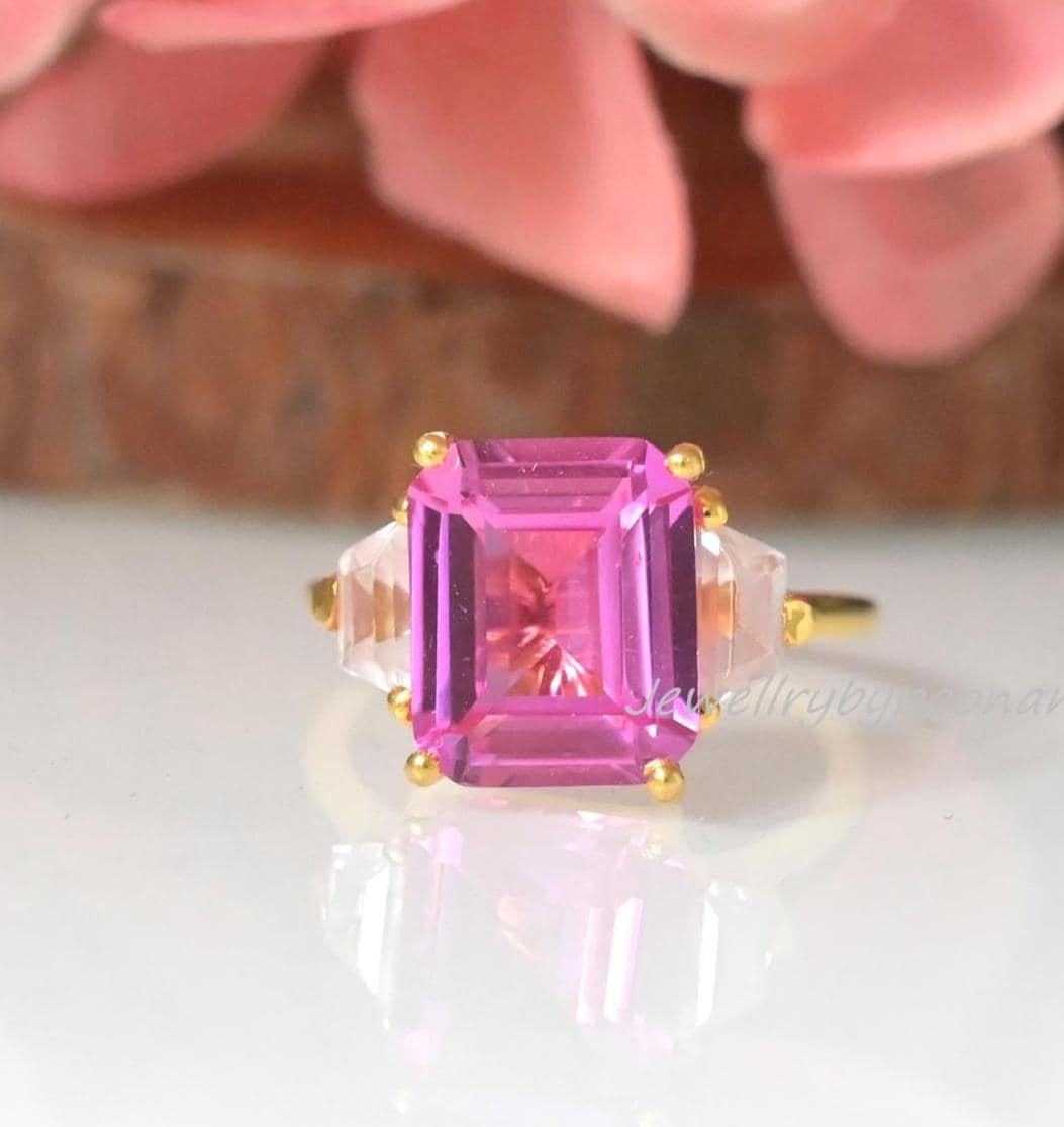 Sterling Silver Three Stone Morganite Engagement Ring - Emerald Cut - Jewelry By Poonam | SKU: PJR2953-SLYGPCZWCZ-US-7