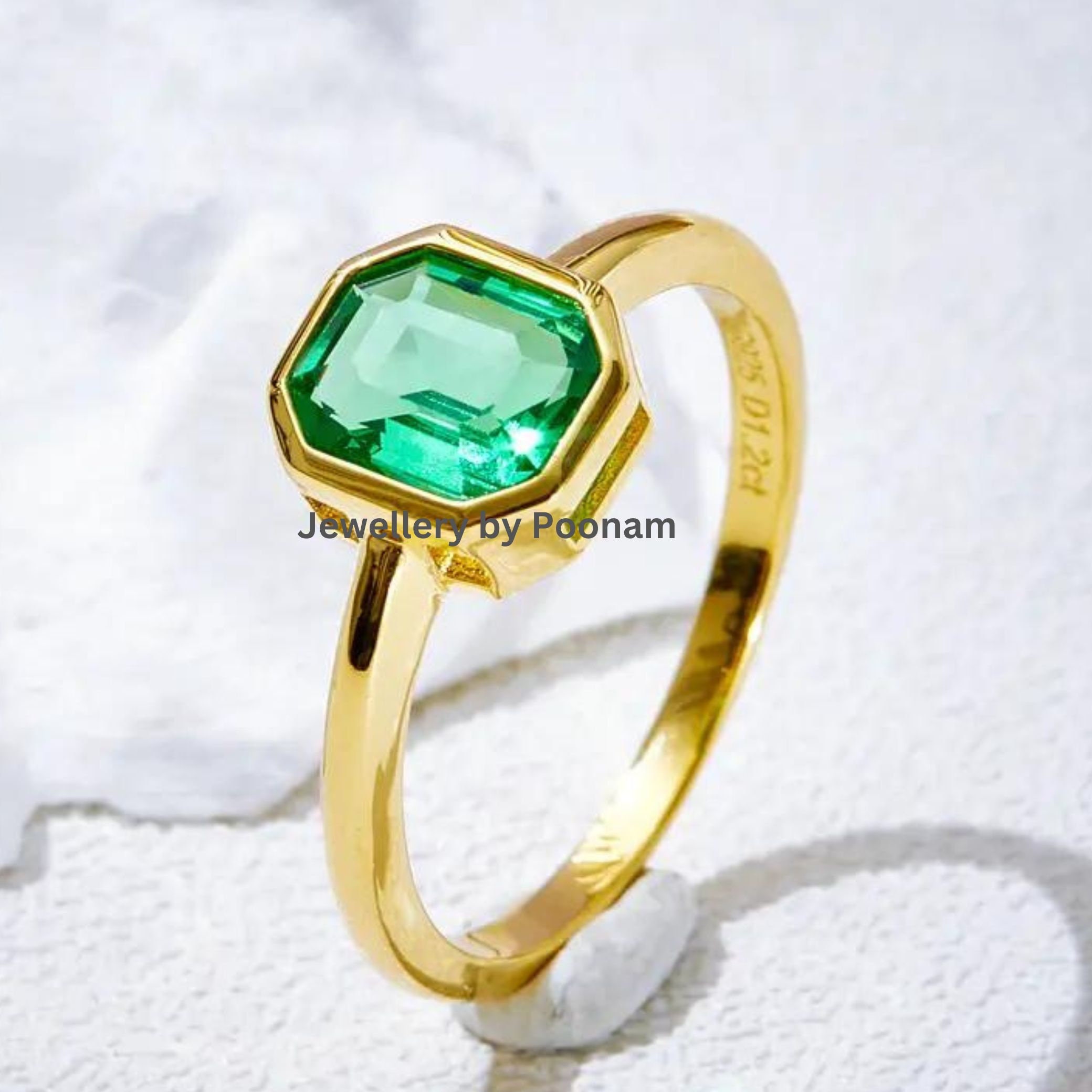 925 Gold-Plated Emerald Ring: Handmade Designer Jewelry - View 2 - Jewelry By Poonam | SKU: R-1041