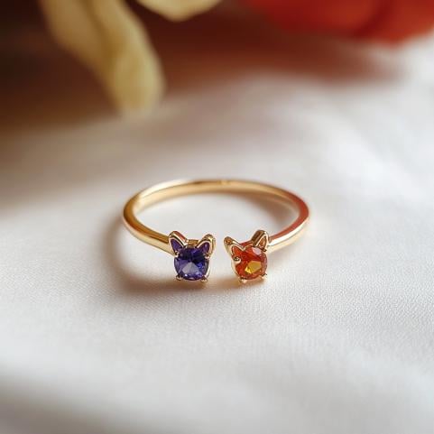 Sterling Silver Duo Pet Birthstone Ring: Custom Engraved Paw - Jewelry By Poonam | SKU: PJR3175
